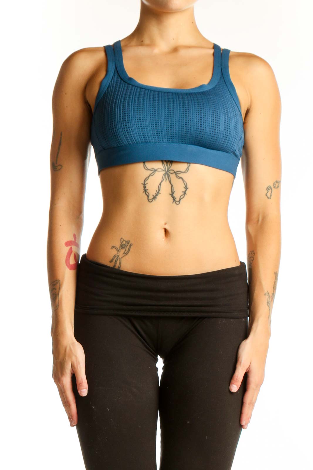 Blue Textured Racerback Sports Bra Front