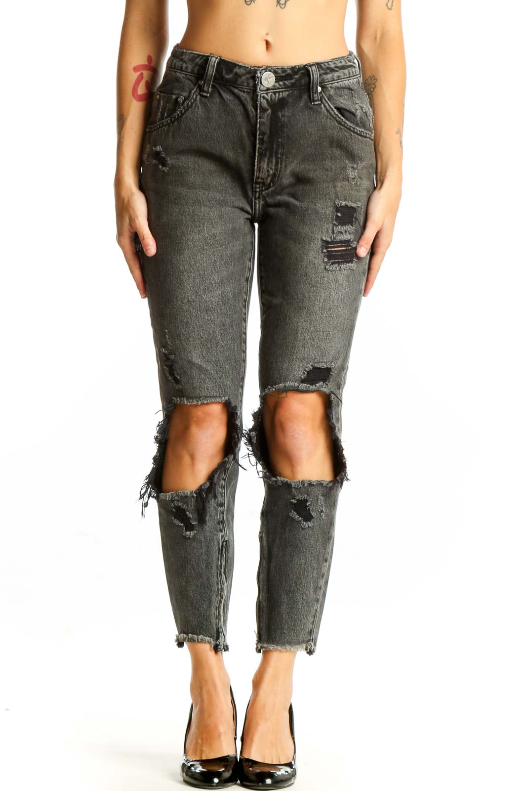 Charcoal Distressed High-Waist Cropped Jeans Front