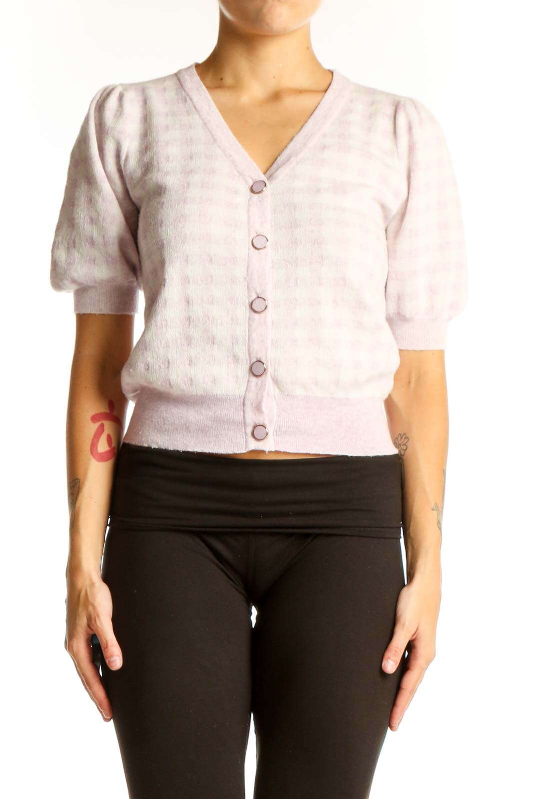 Light Pink Cropped Cardigan with Puff Sleeves Front