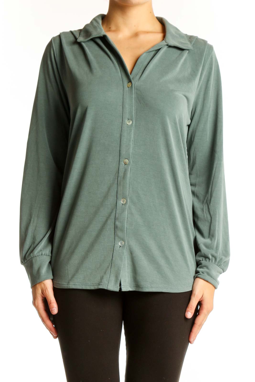 Sage Button-Down Long Sleeve Blouse Front