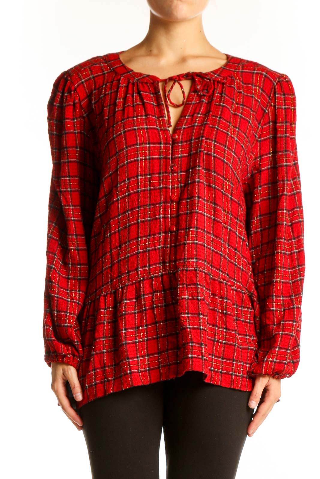 Red Plaid Long Sleeve Peplum Blouse Front