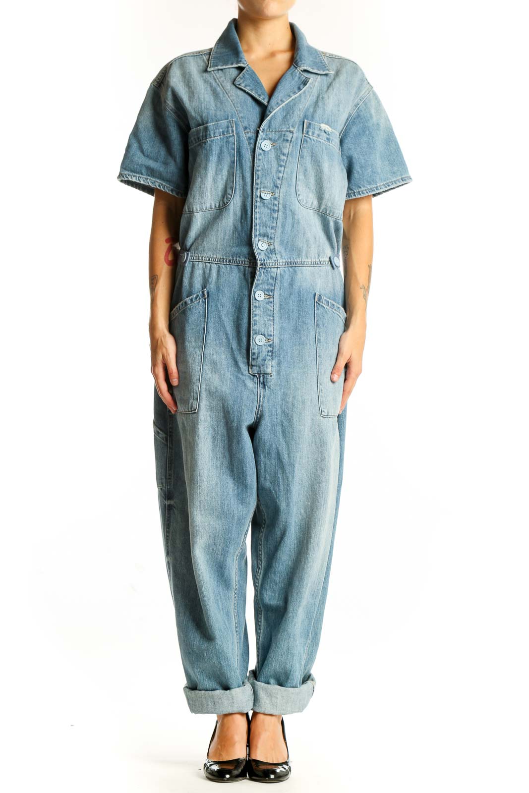 Light Blue Denim Short-Sleeve Jumpsuit Front