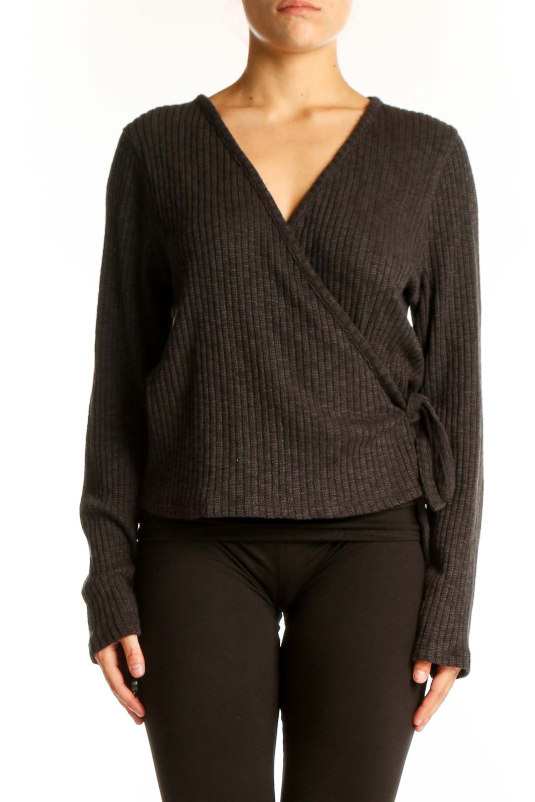 Charcoal Ribbed Wrap Sweater Front