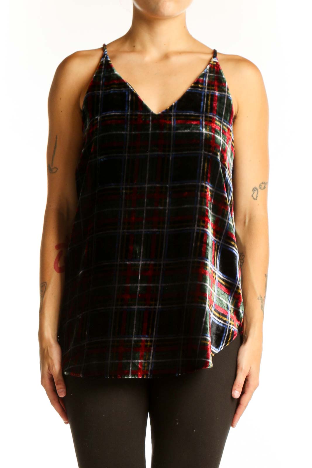 Black Plaid Velvet Camisole Top Front