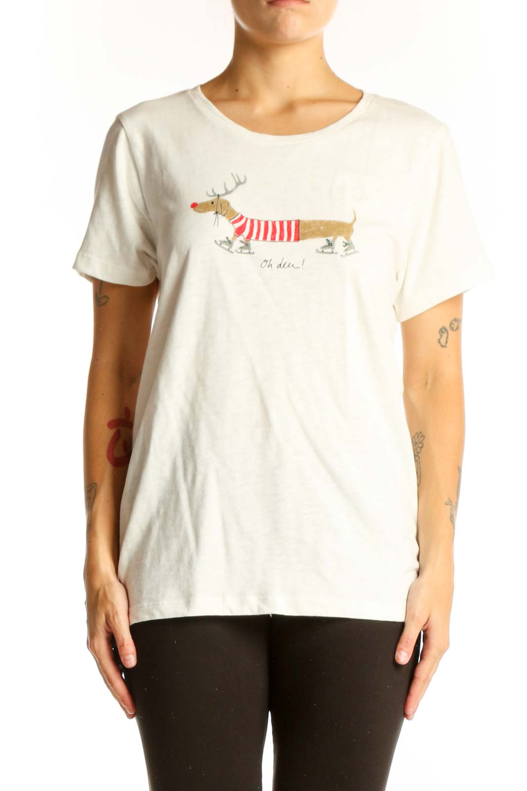 White Cotton Dachshund Graphic T-Shirt Front