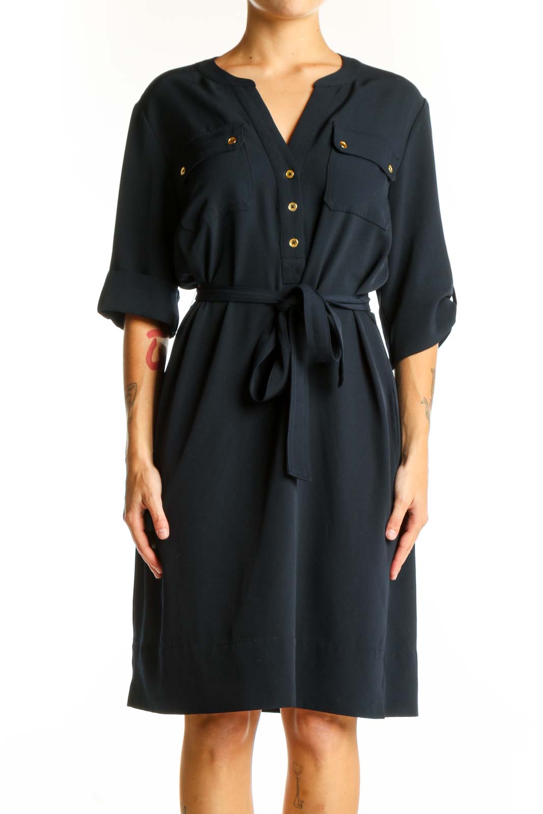 Navy Button-Front Belted Shirt Dress Front