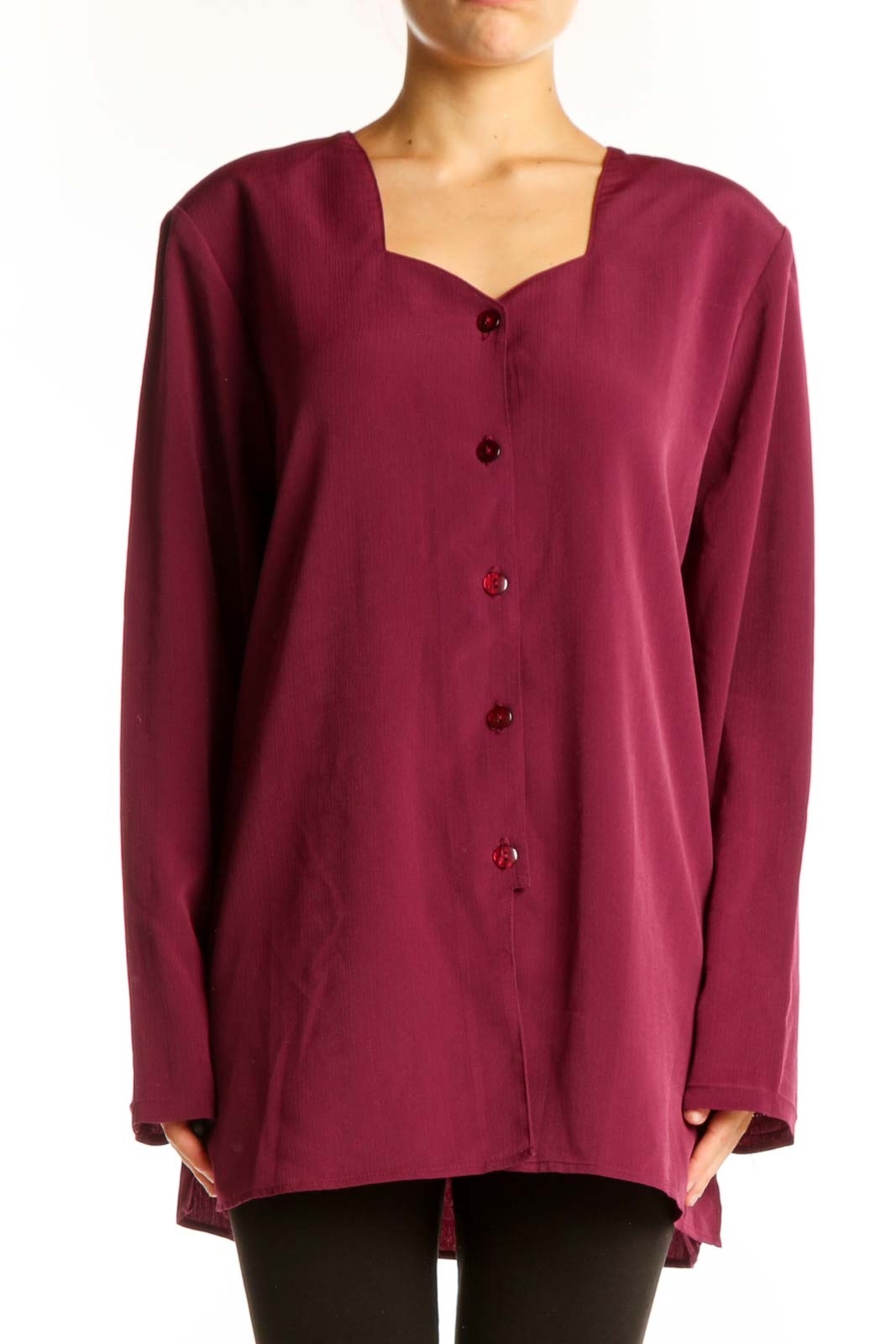 Burgundy Button-Front Oversized Tunic Top Front