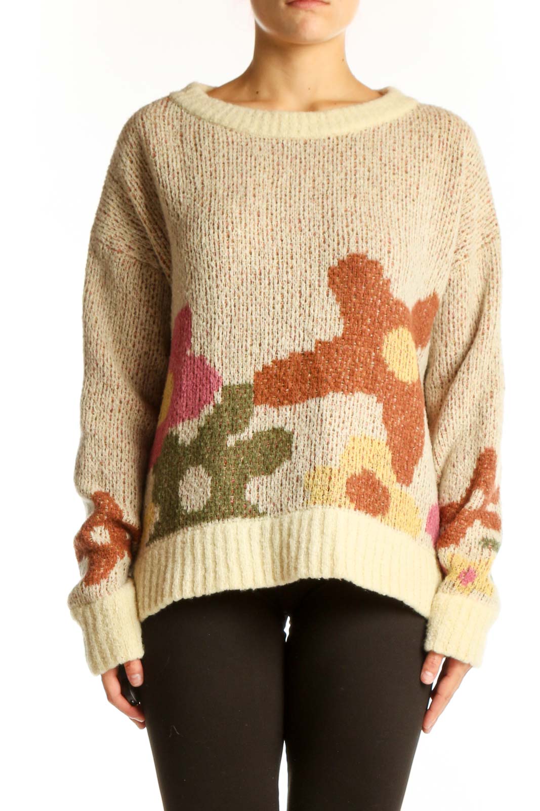 Beige Floral Pattern Knit Sweater Front