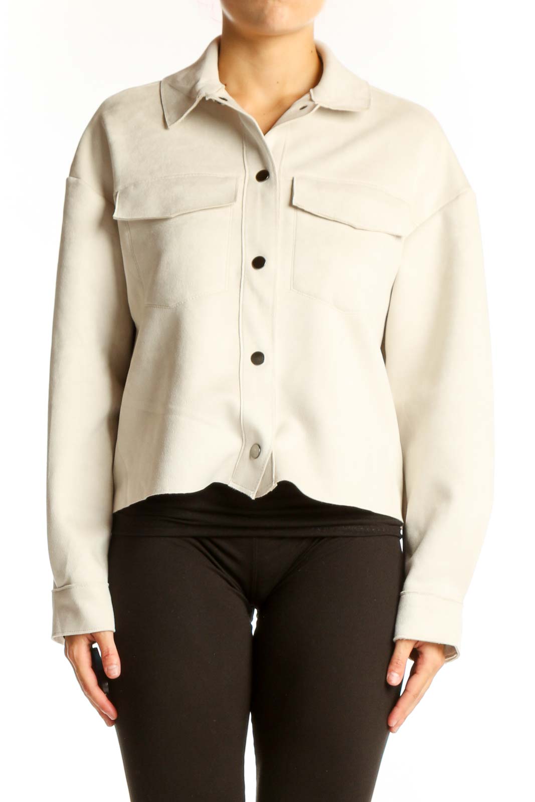 Cream Cropped Button-Up Jacket Front