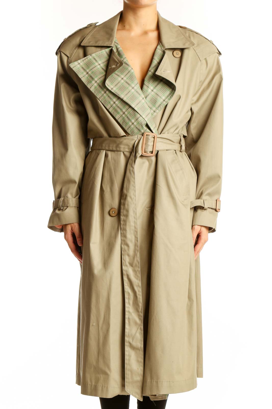 Beige Classic Trench Coat with Plaid Lining Front