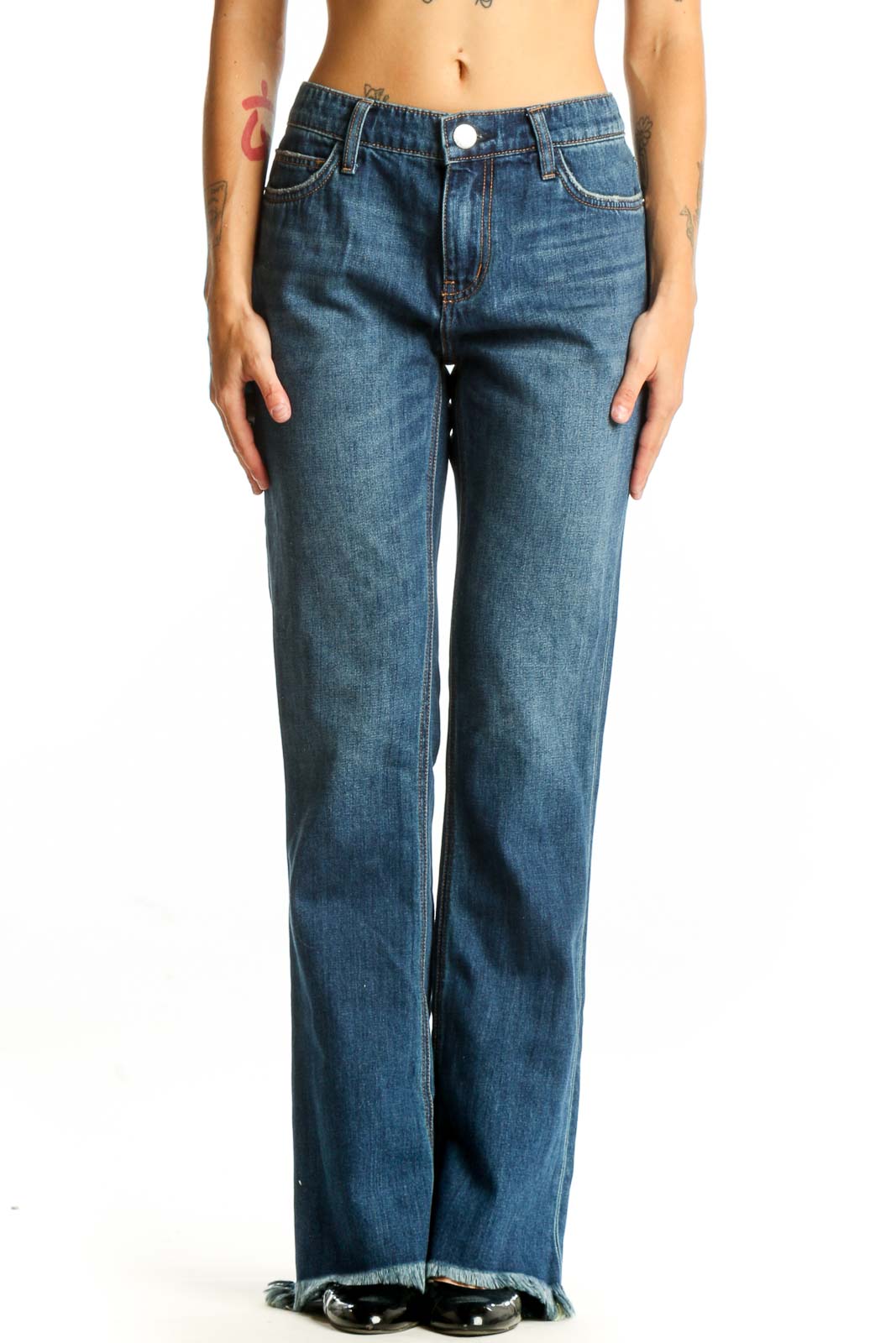 Blue Wide-Leg Frayed Hem Jeans Front