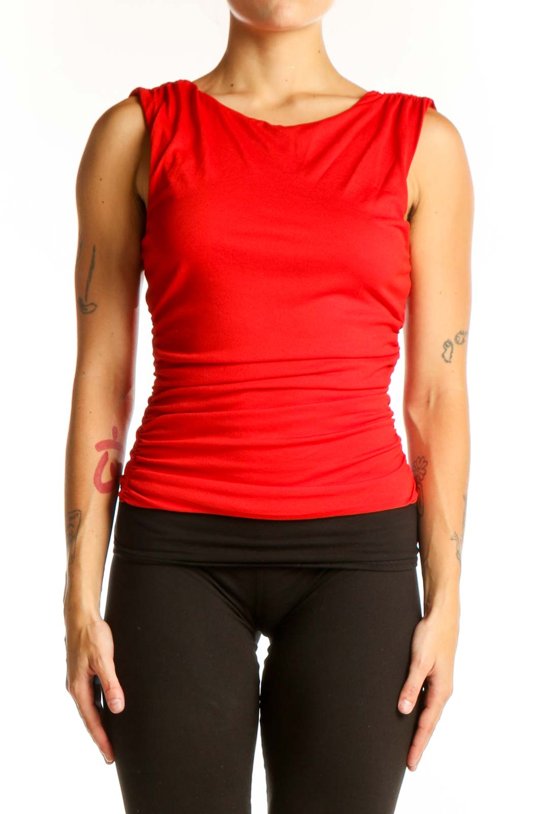 Red Sleeveless Ruched Polyester Top Front