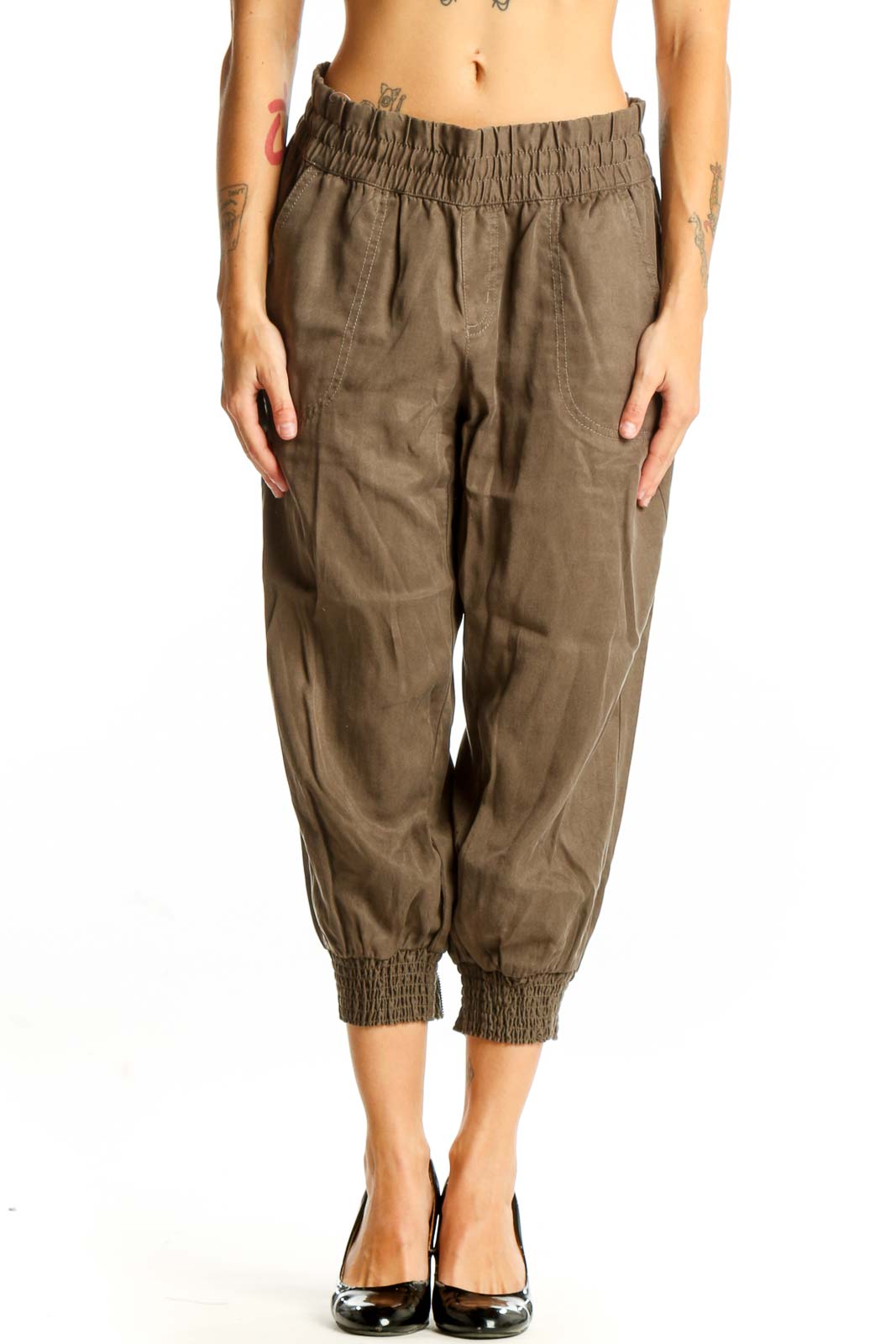 Olive Lyocell Cropped Jogger Pants Front