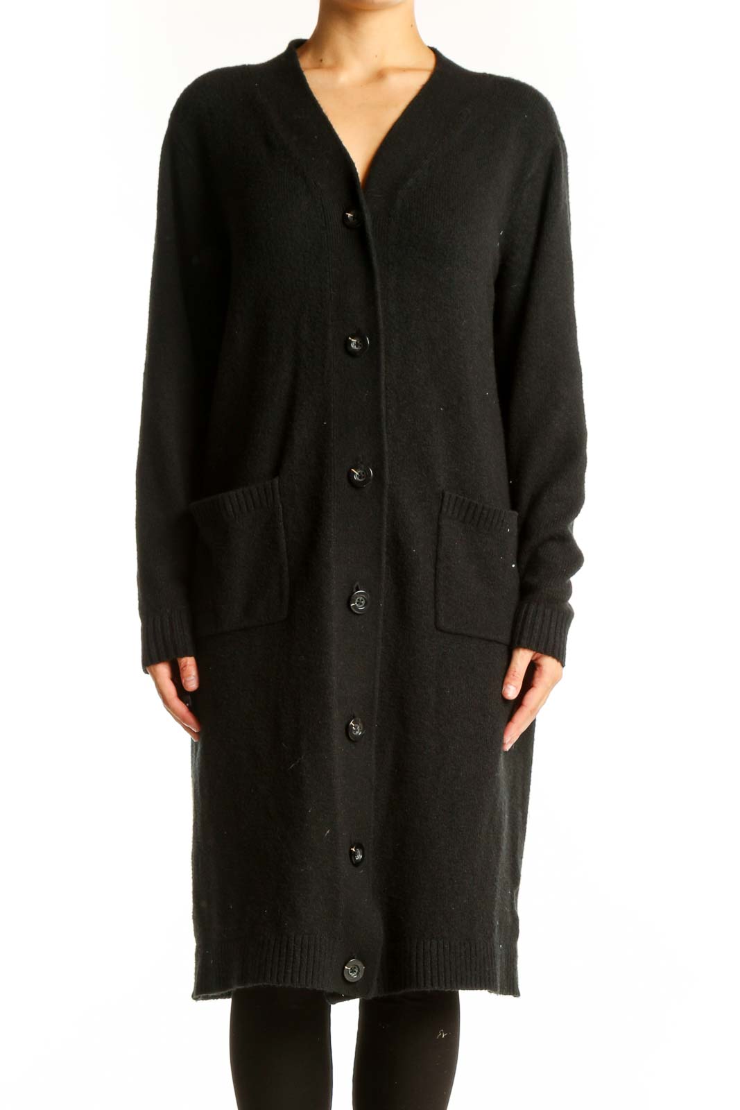 Black Long Button-Up Cardigan Front