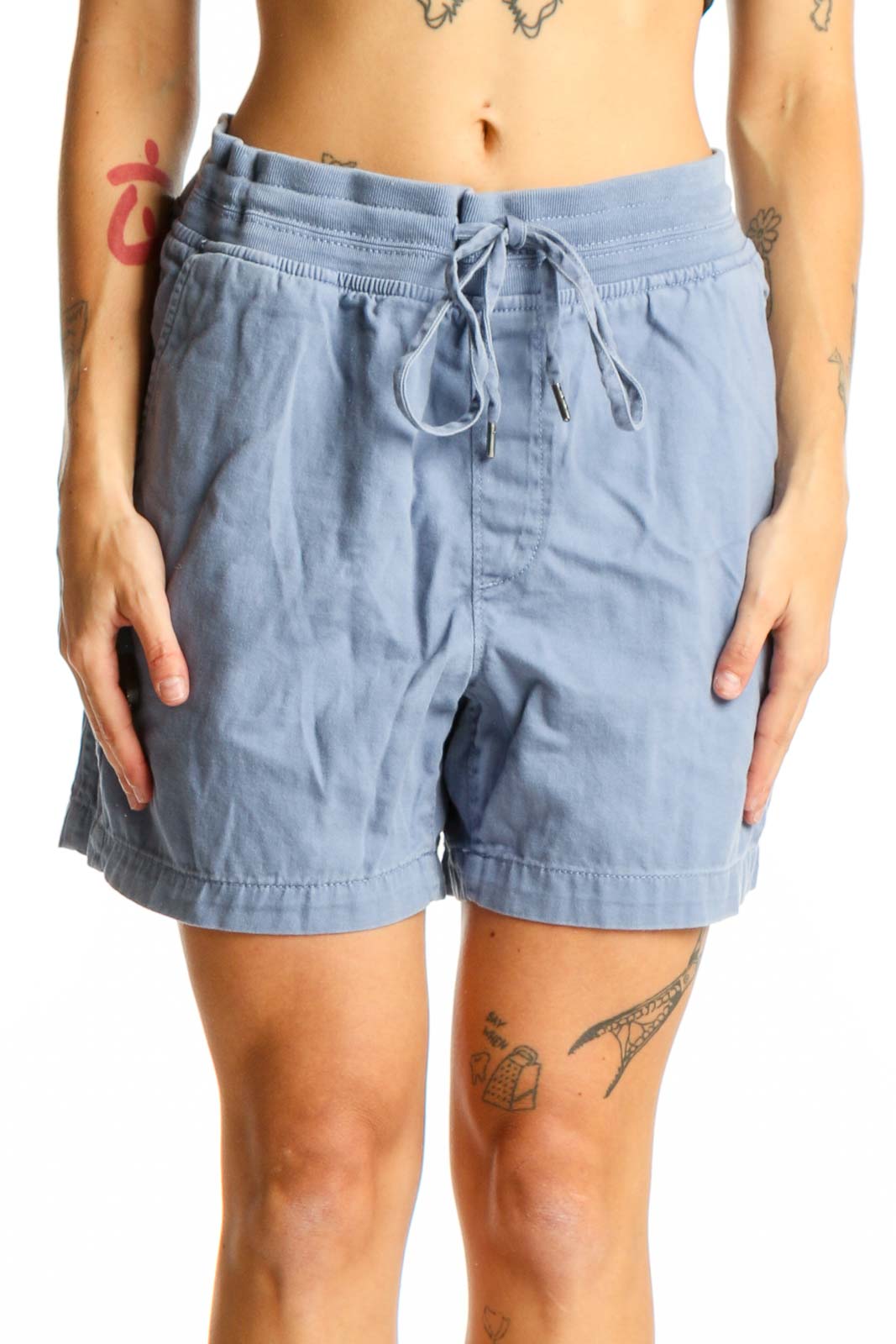 Blue Casual Drawstring Shorts Front