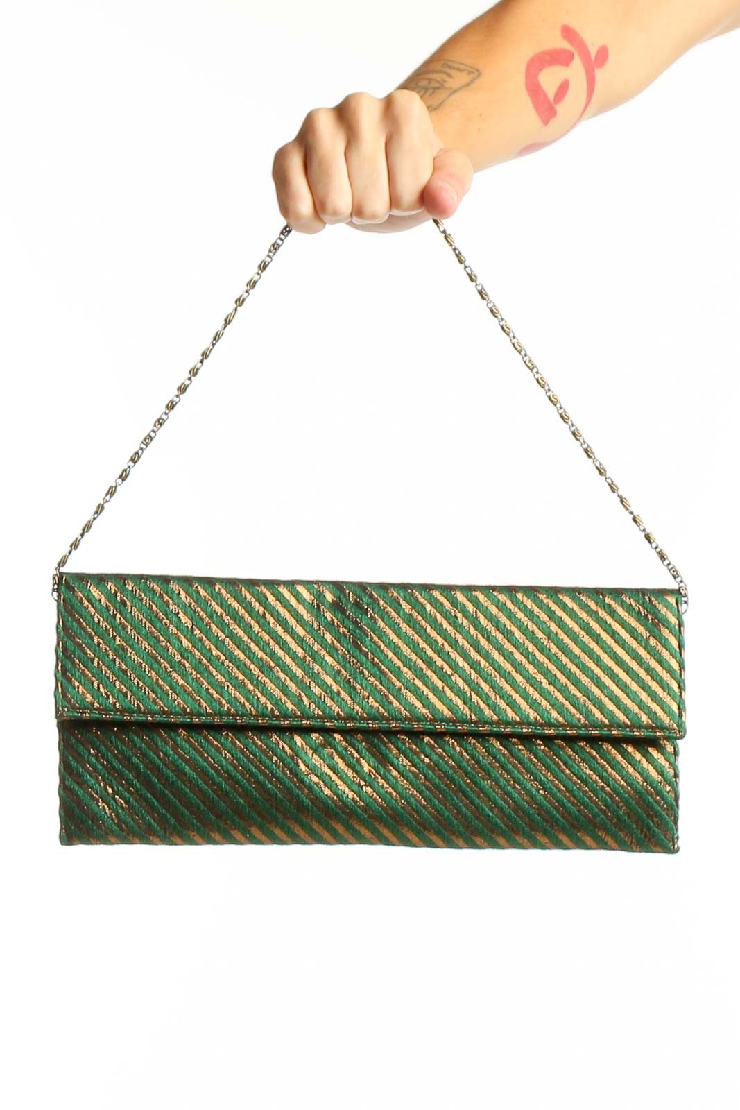 Green Metallic Striped Clutch Front