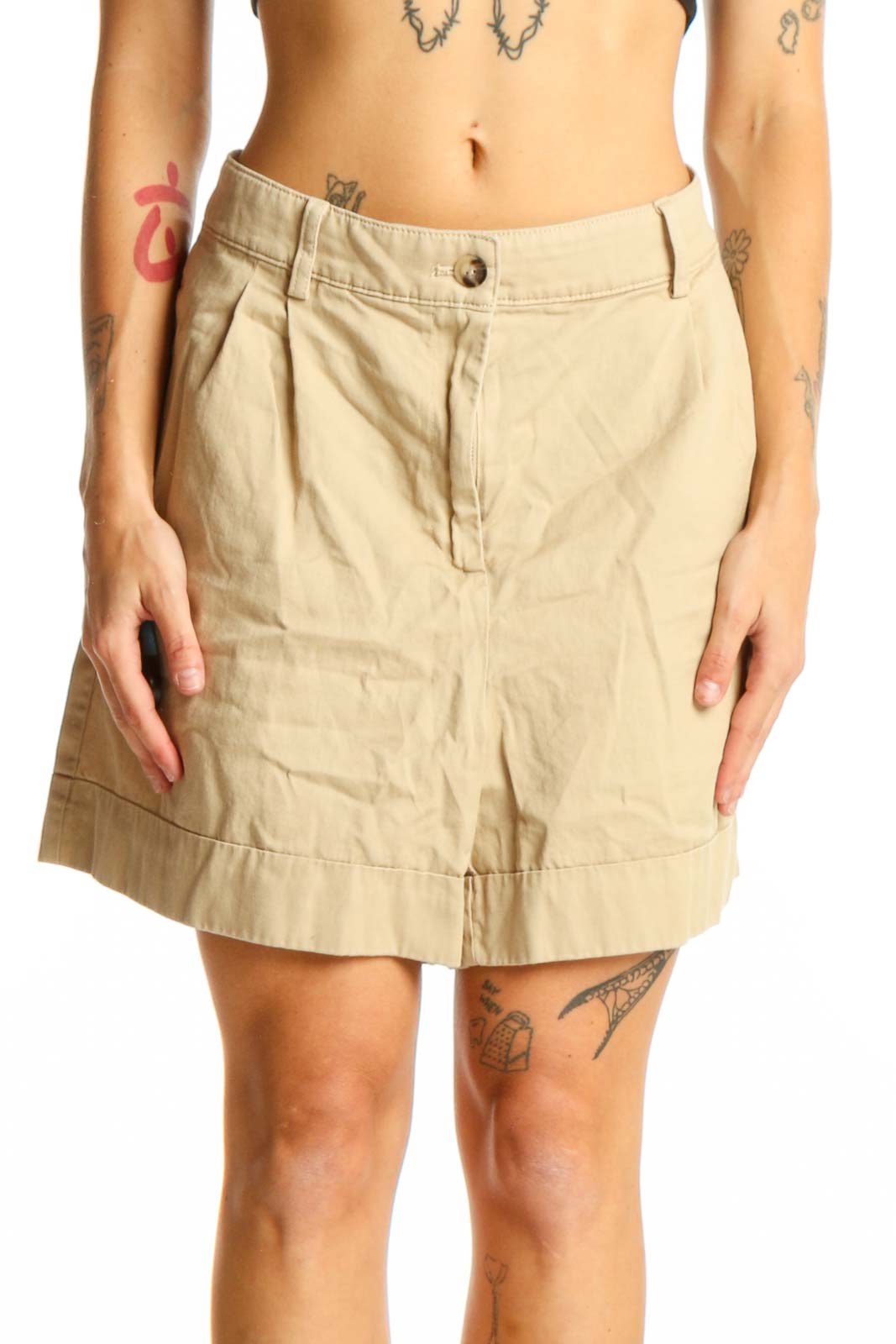 Beige Cotton Pleated Shorts Front
