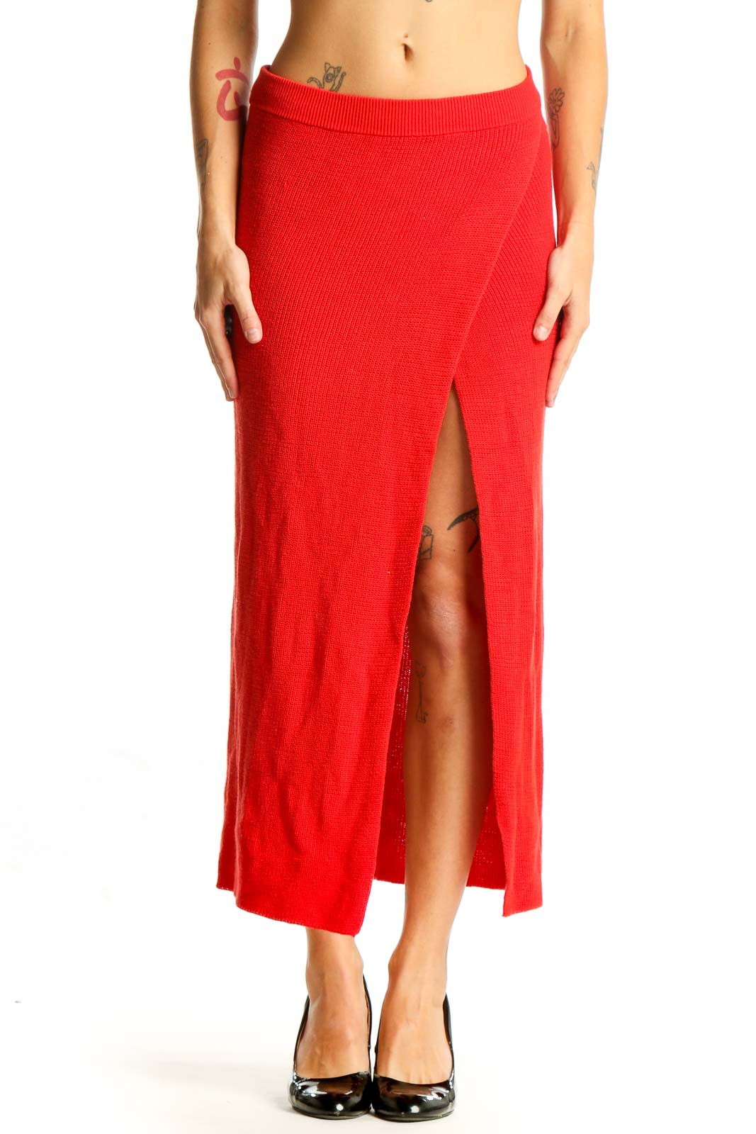 Red Ribbed Knit Maxi Skirt with Side Slit Front