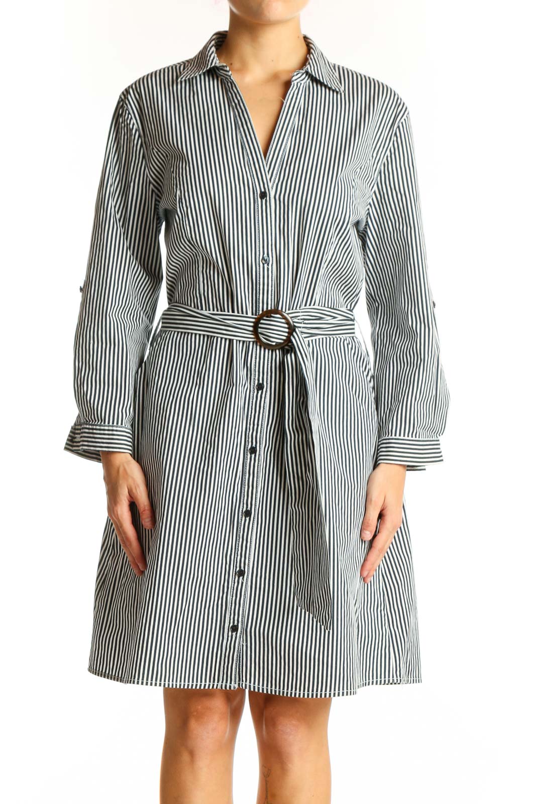 Black and White Striped Cotton Shirt Dress Front