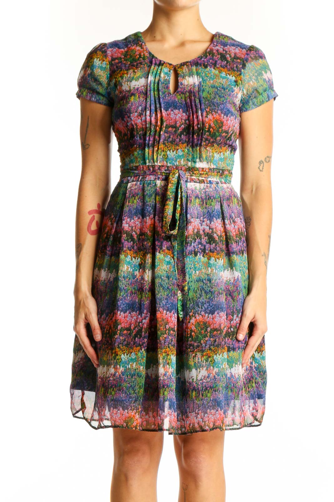 Multicolor Floral Print Pleated Dress Front