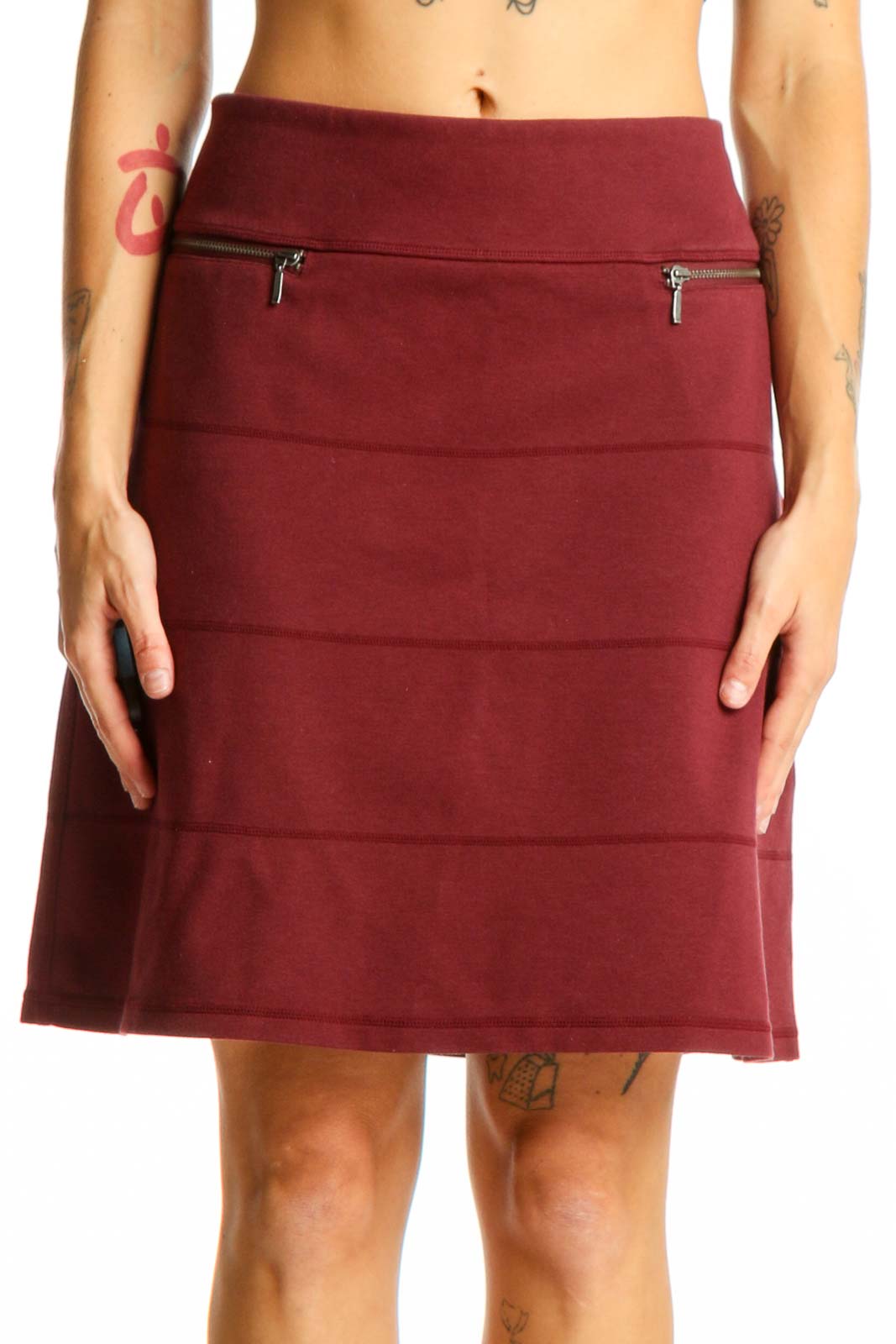 Burgundy A-line Zip-Pocket Skirt Front