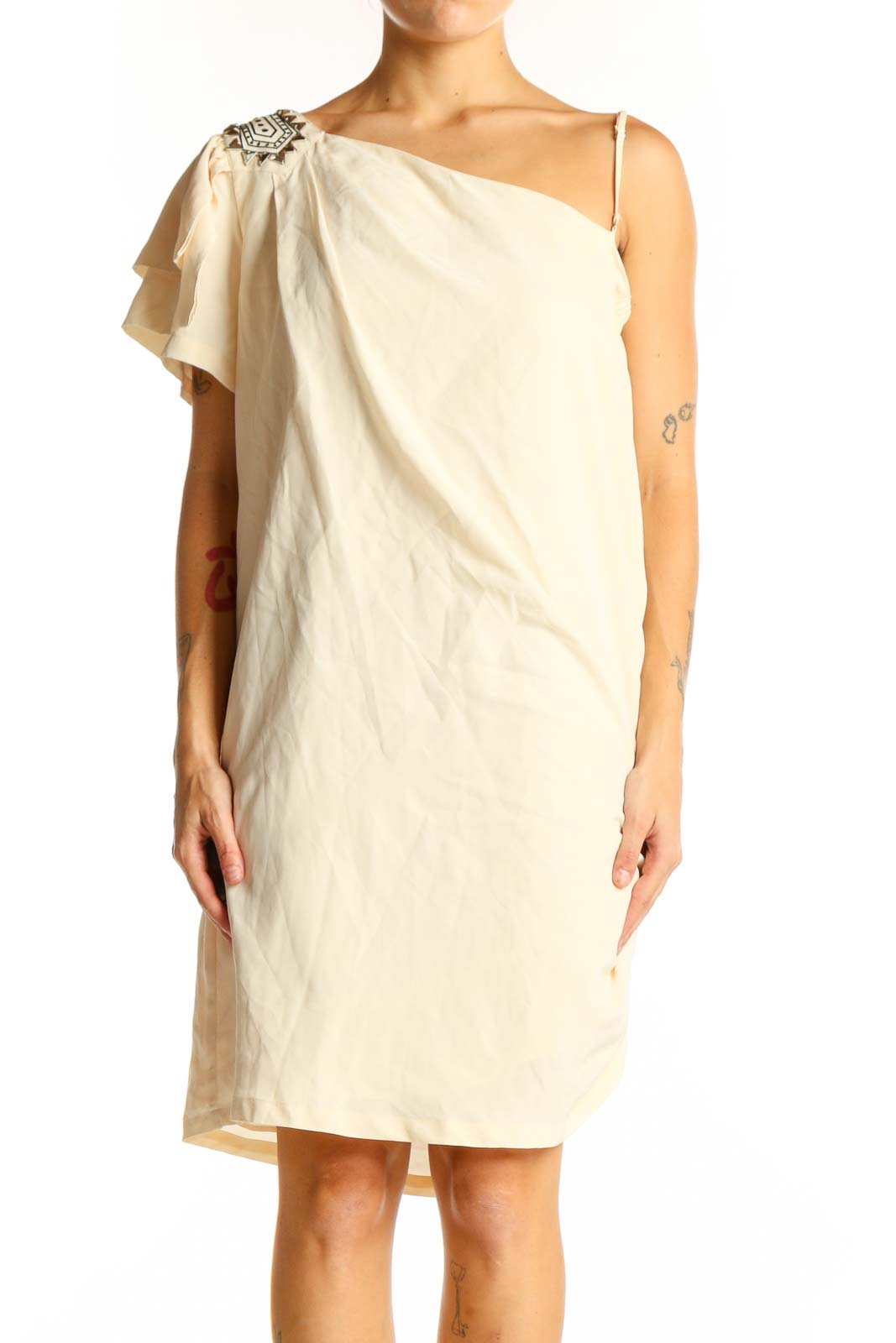 Cream One-Shoulder Cocktail Dress Front