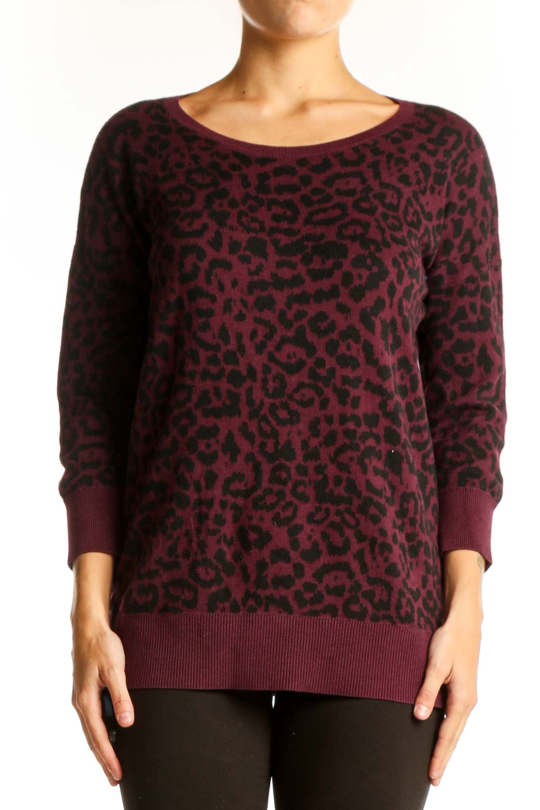 Burgundy Leopard Print Knit Sweater Front