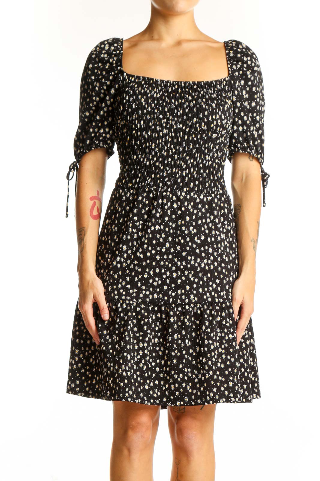 Black Floral Print Puff Sleeve Dress Front