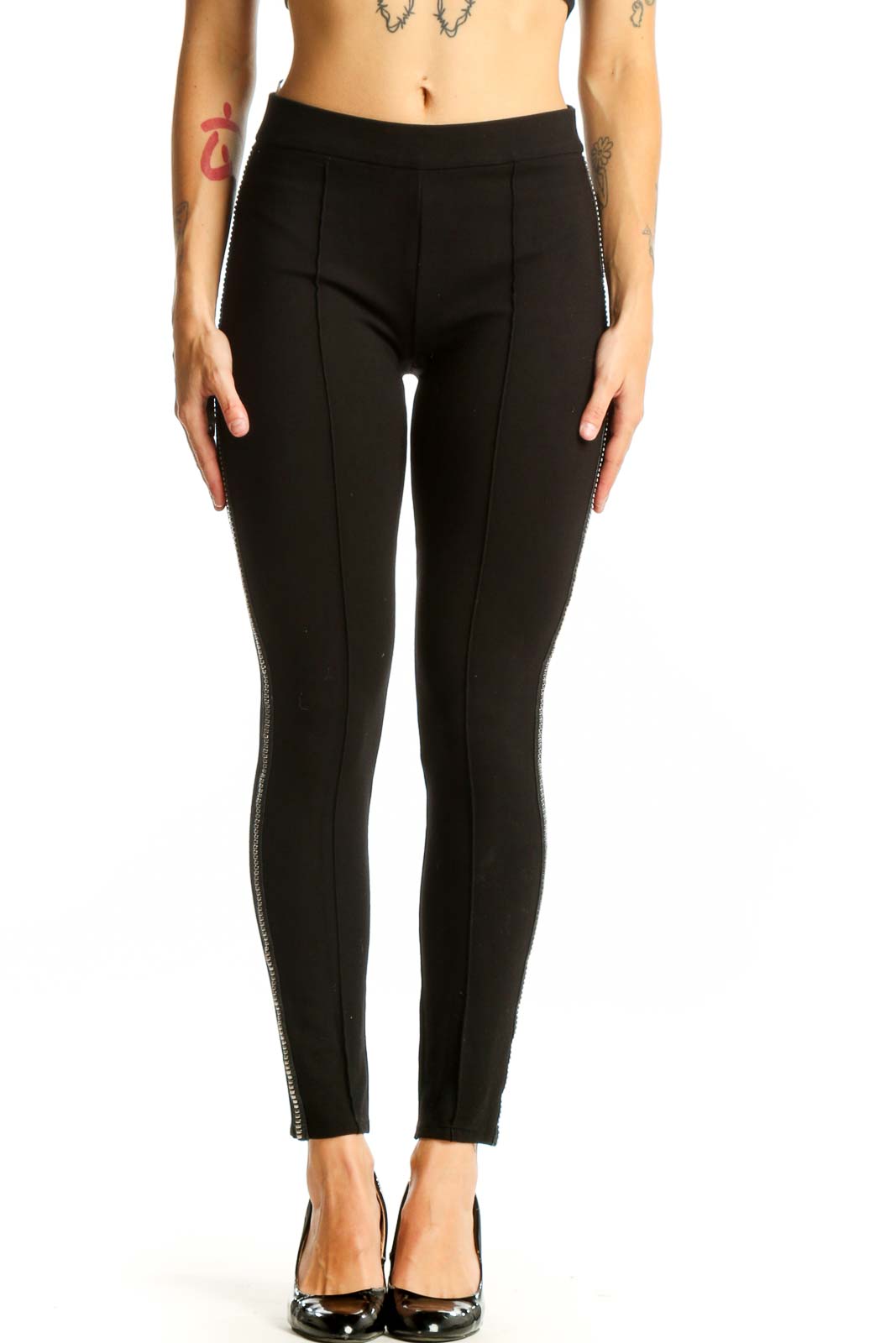 Black Sleek Fitted Pants with Side Stripes Front