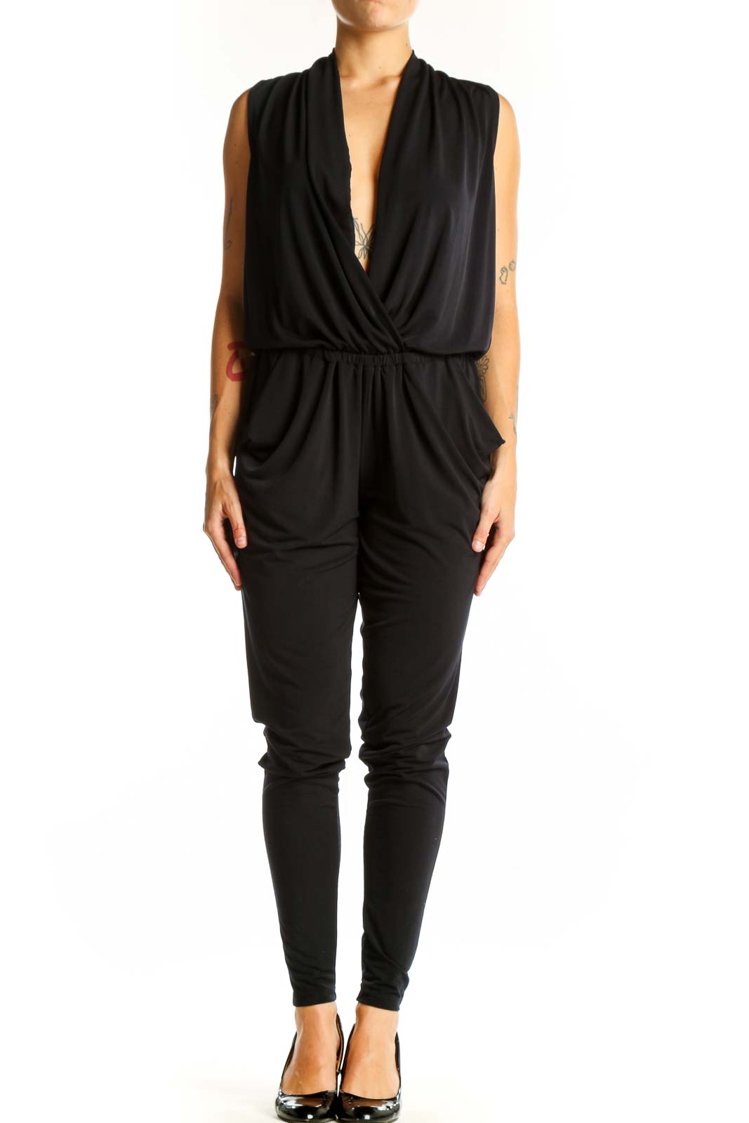 Black Sleeveless Wrap Jumpsuit Front