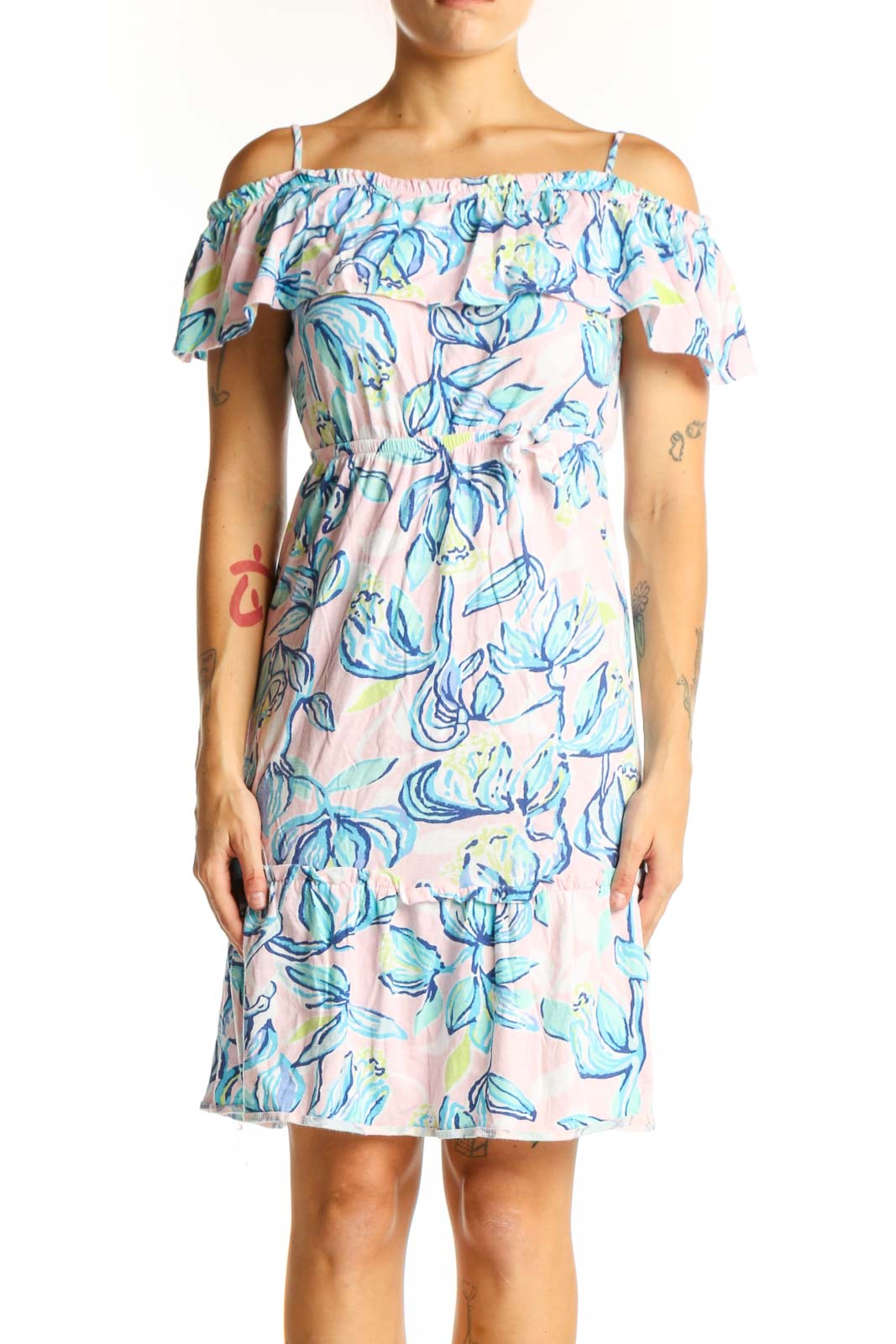 Blue Floral Off-Shoulder Dress Front