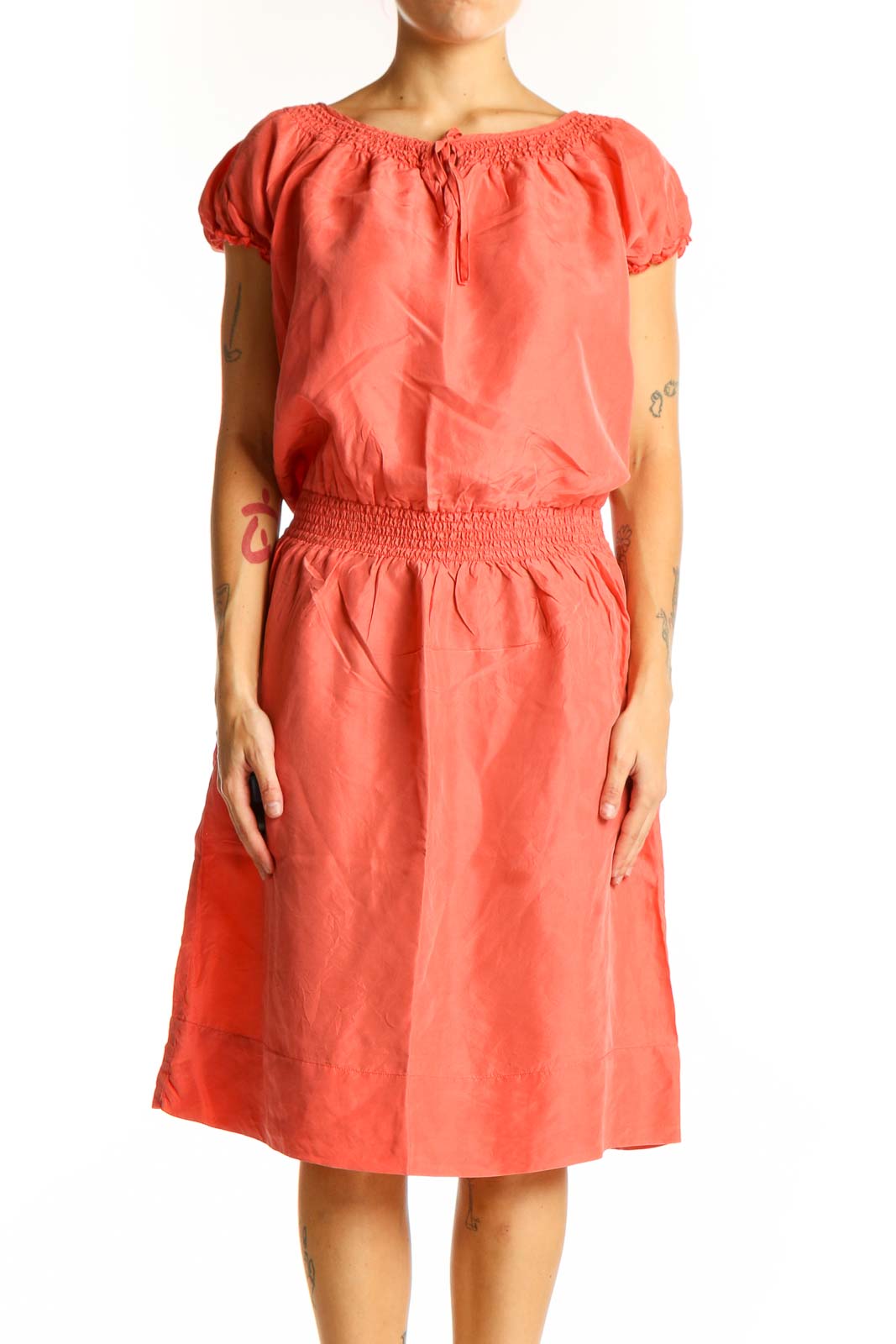 Coral Silk Peasant Dress Front