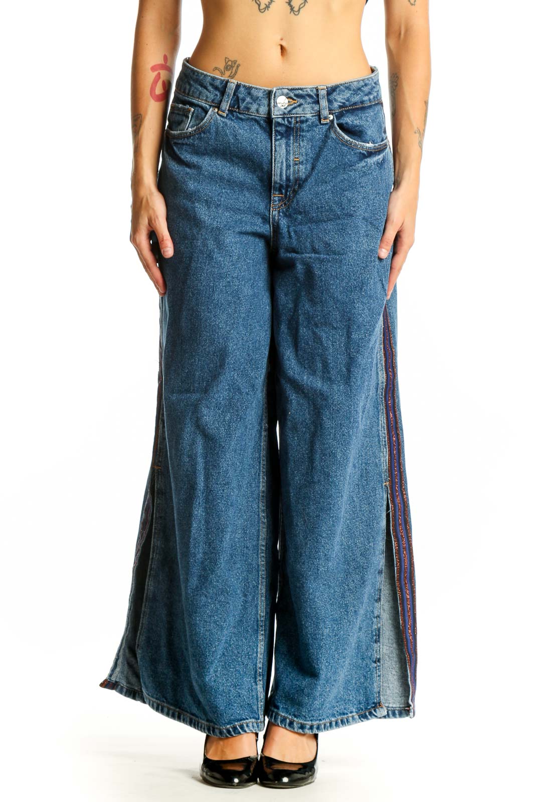 Blue Wide-Leg Denim Jeans with Side Stripes Front