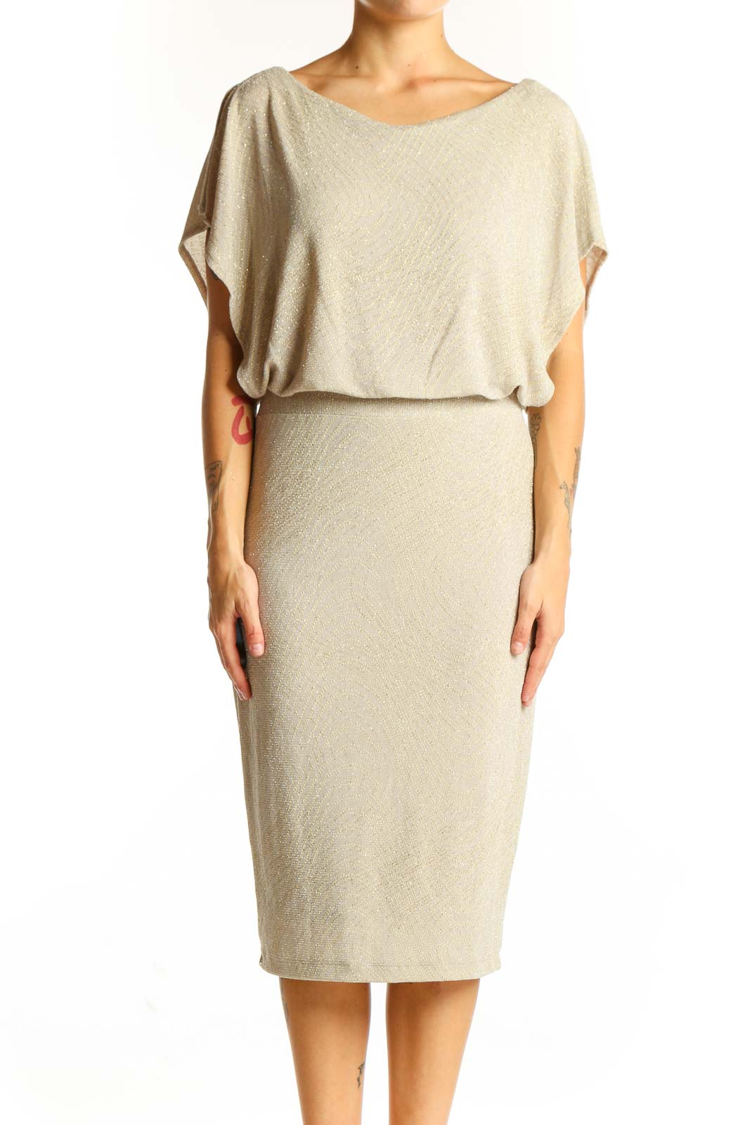 Beige Metallic Blouson Midi Dress Front