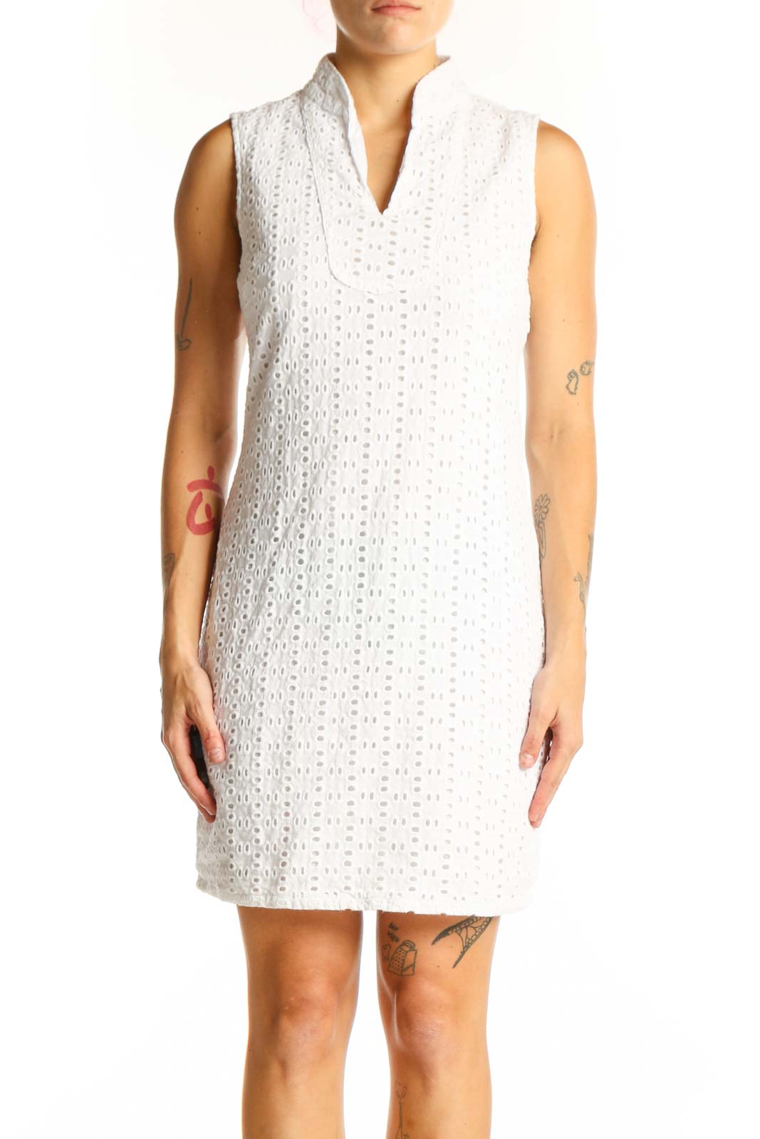 White Eyelet Cotton Sleeveless Dress Front