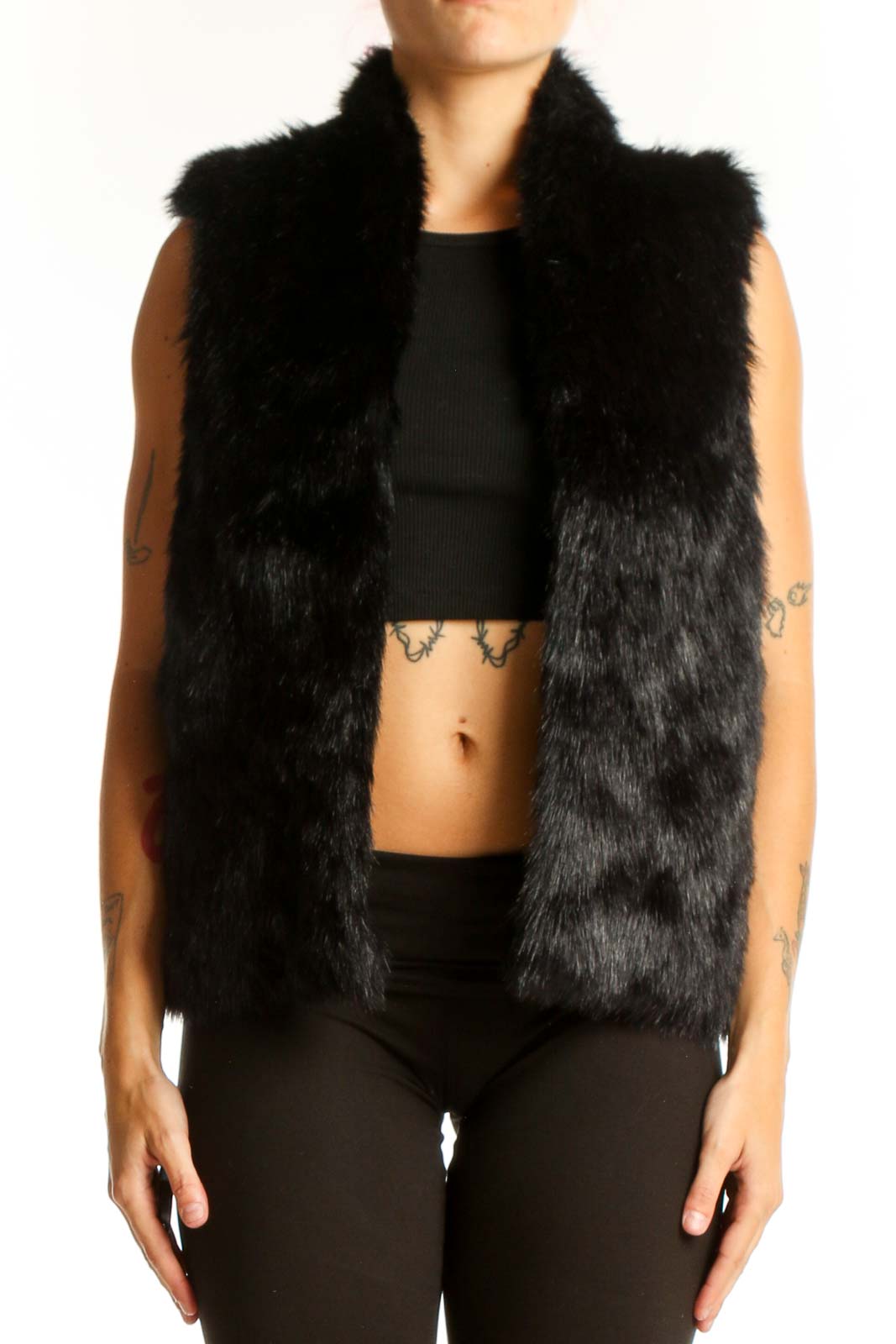 Black Faux Fur Sleeveless Vest Front