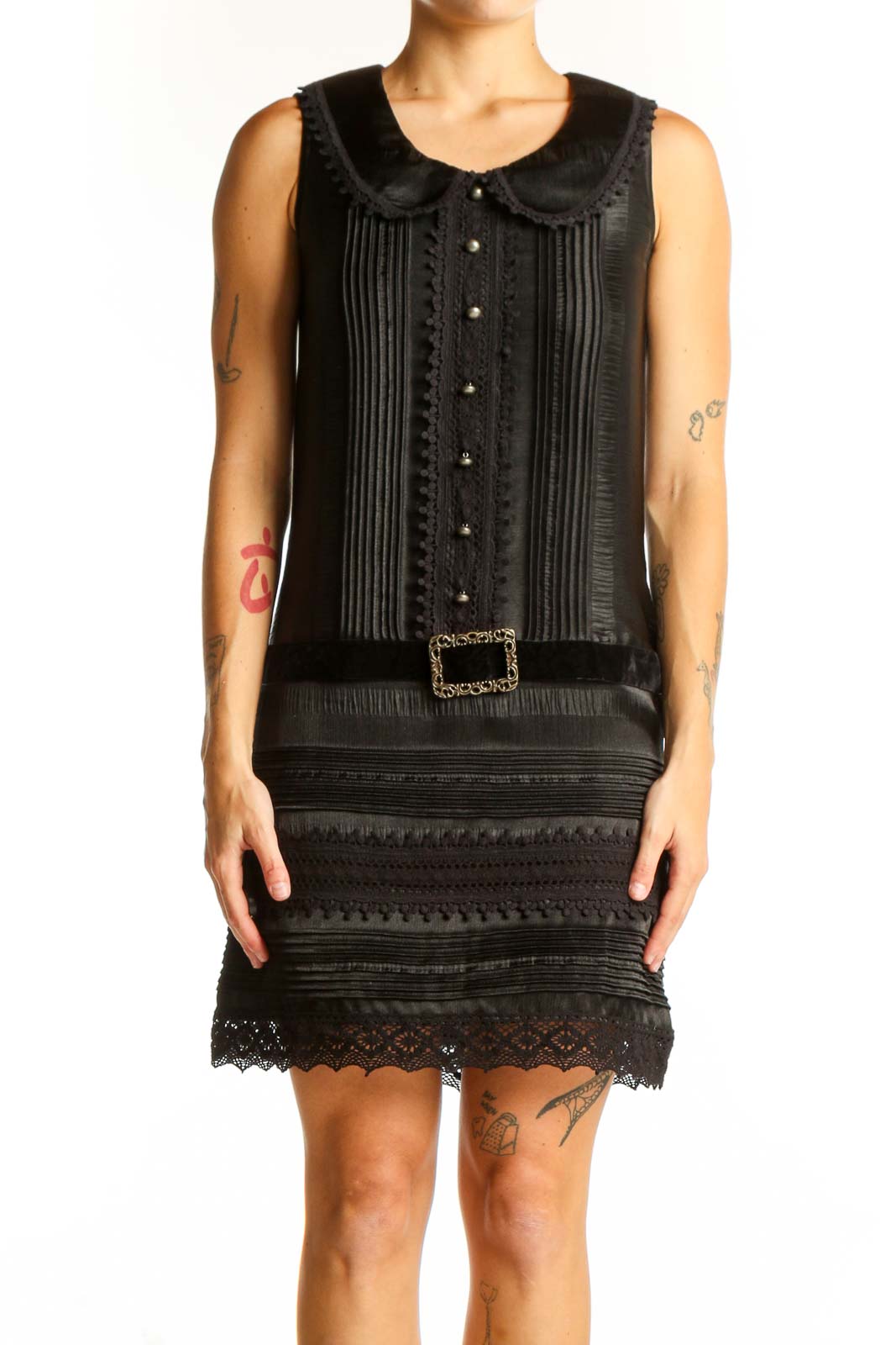 Black Vintage-Inspired Lace Trim Dress Front
