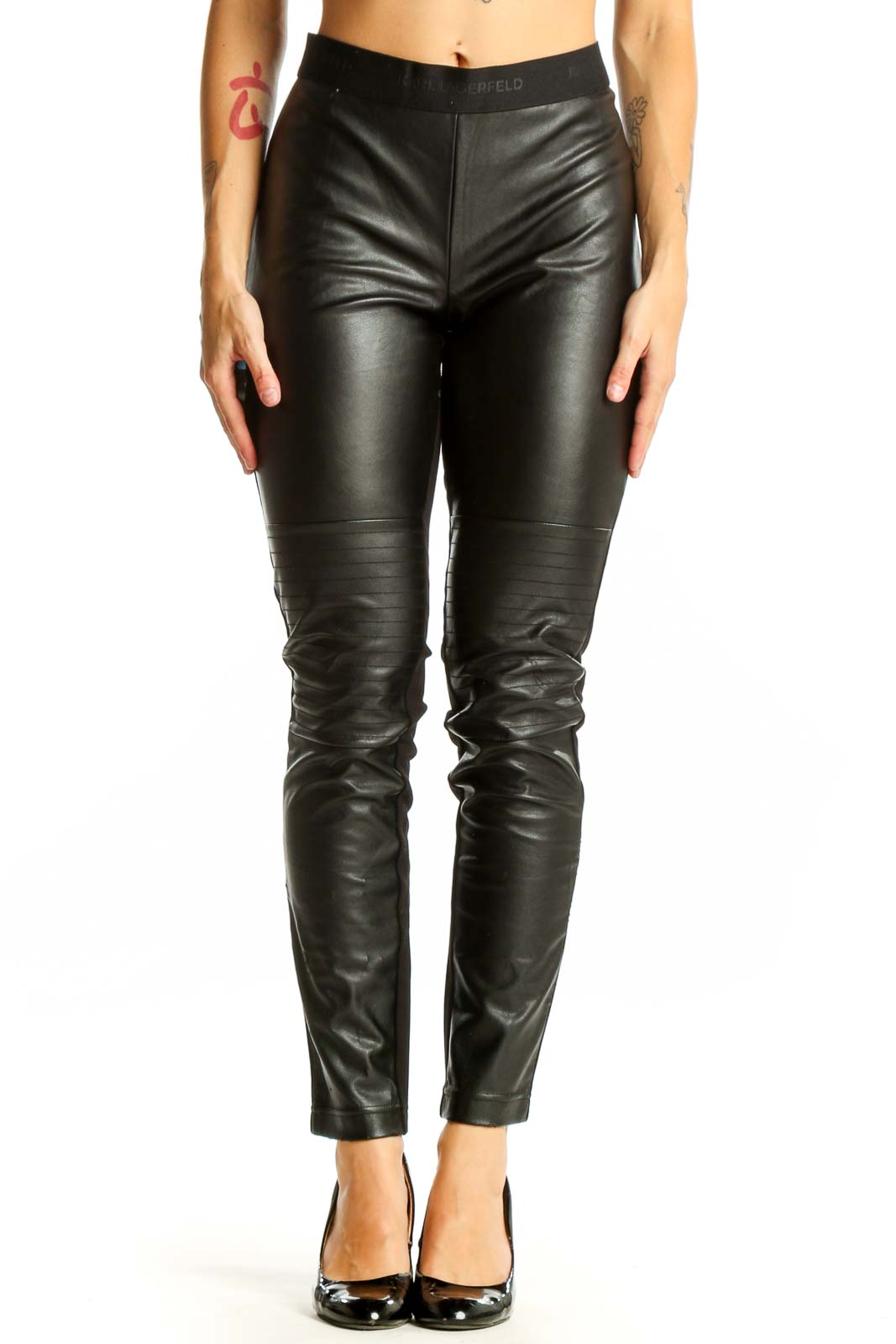 Black Faux Leather Slim-Fit Pants Front