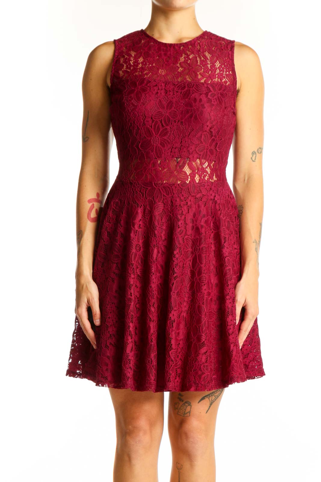 Burgundy Lace Sleeveless Cocktail Dress Front