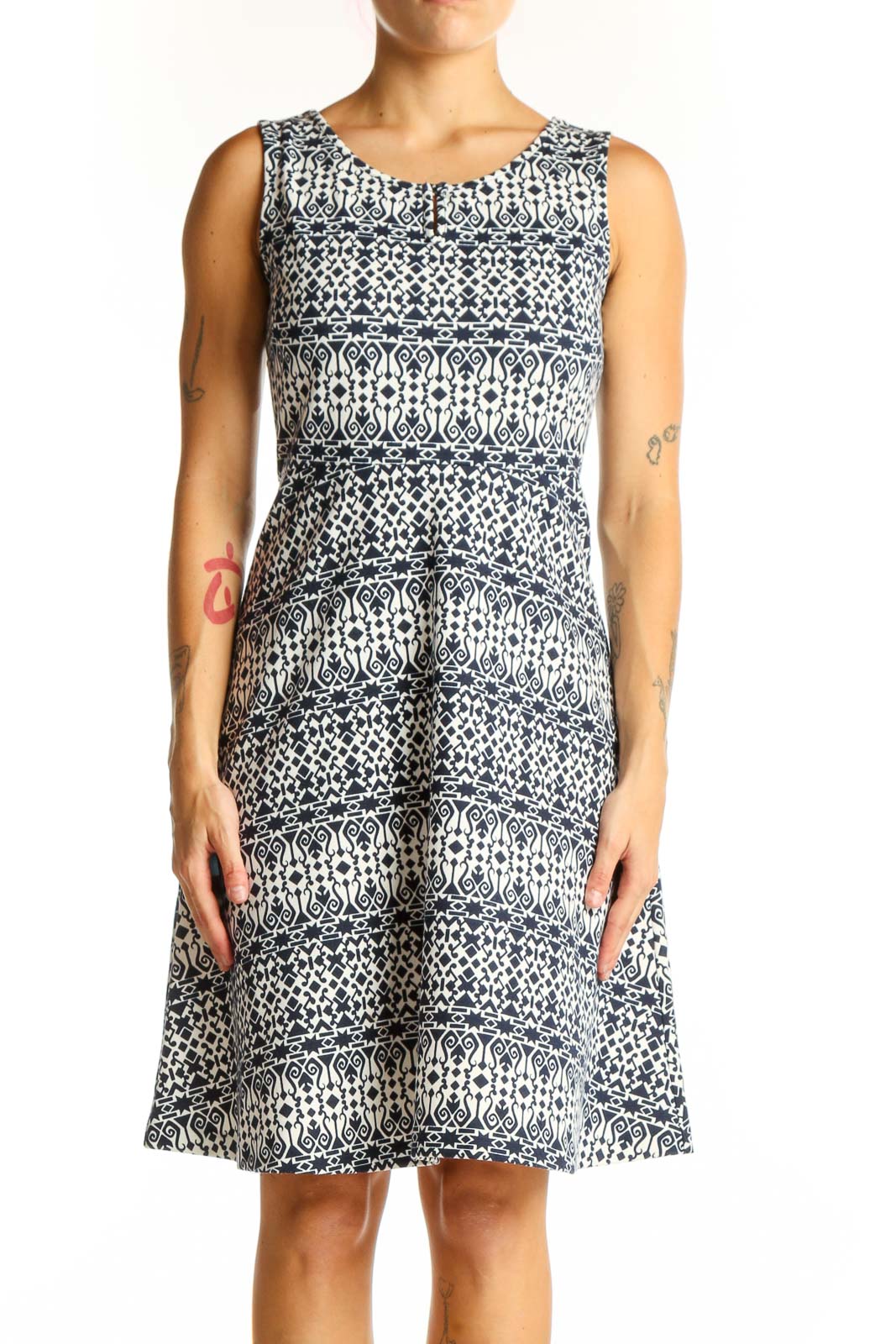 Navy Floral Print Sleeveless A-Line Dress Front