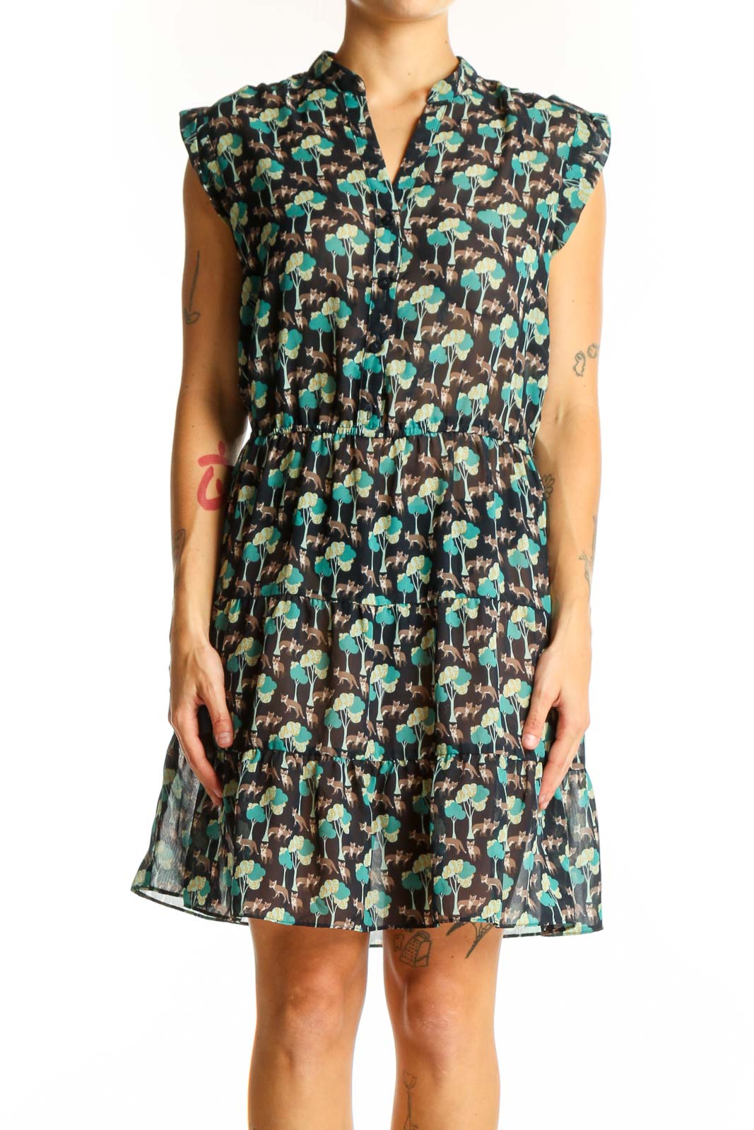 Green Floral Print Sleeveless Dress Front