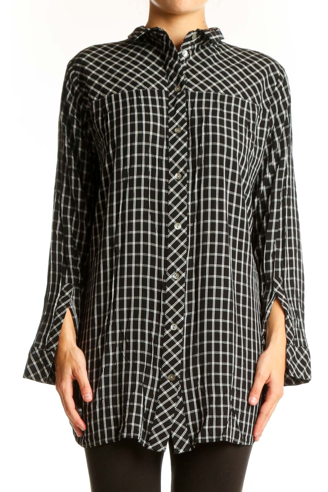 Black and White Plaid Button-Up Tunic Front