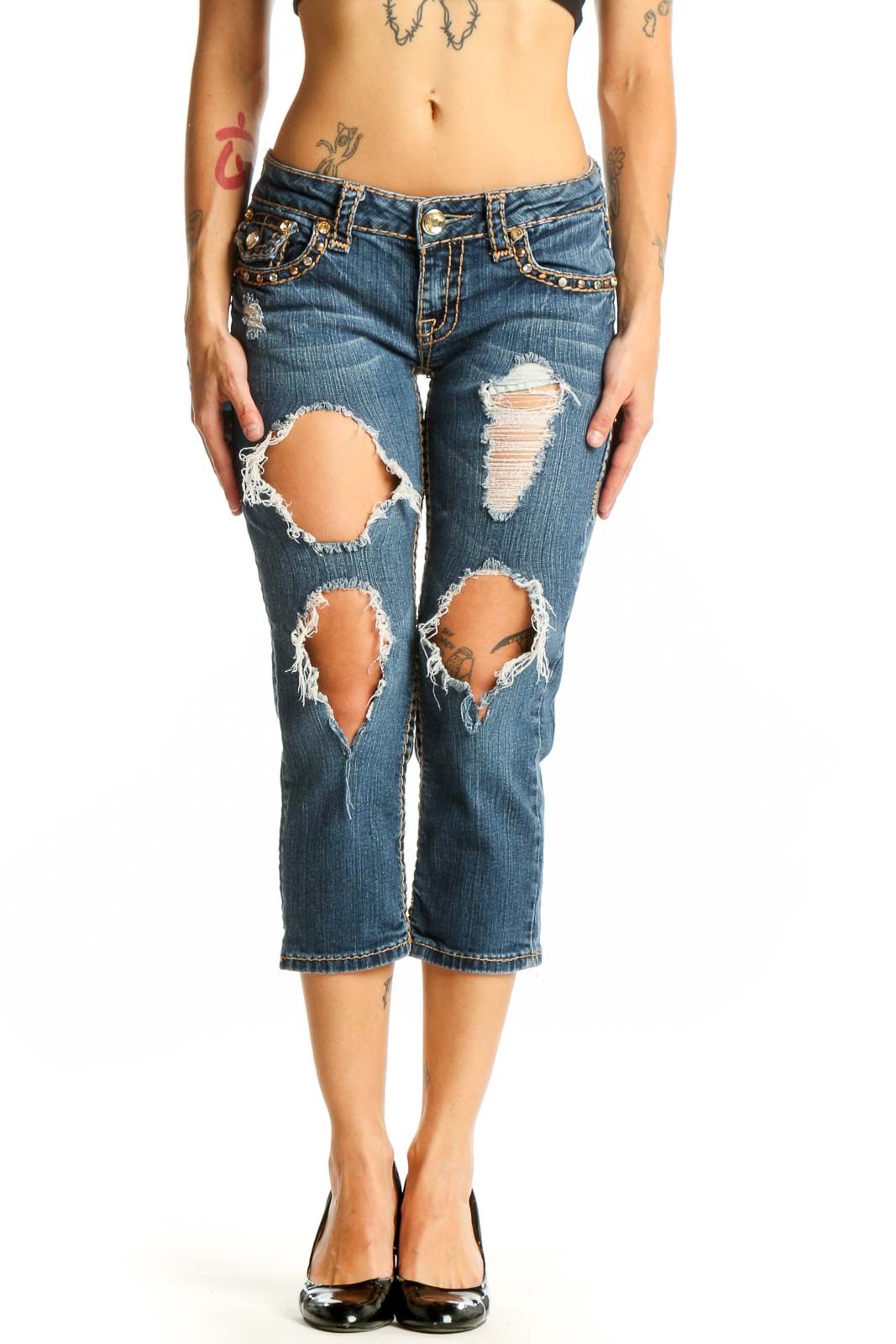Blue Distressed Capri Jeans Front