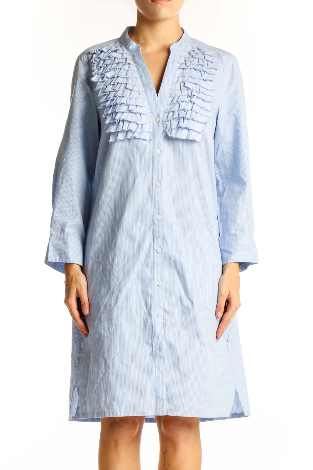 Light Blue Ruffled Cotton Shirt Dress Front