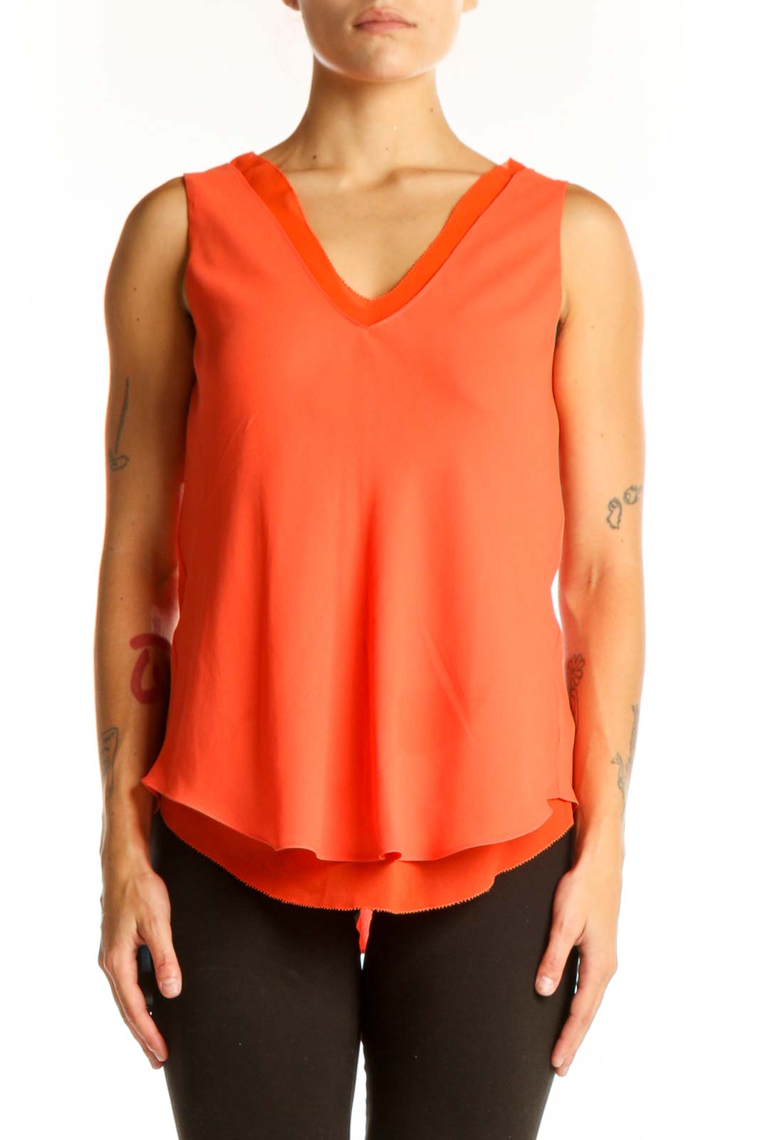 Orange V-Neck Sleeveless Flowy Top Front