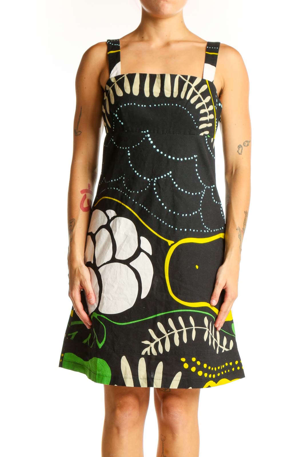 Black Floral Print Cotton Sundress Front