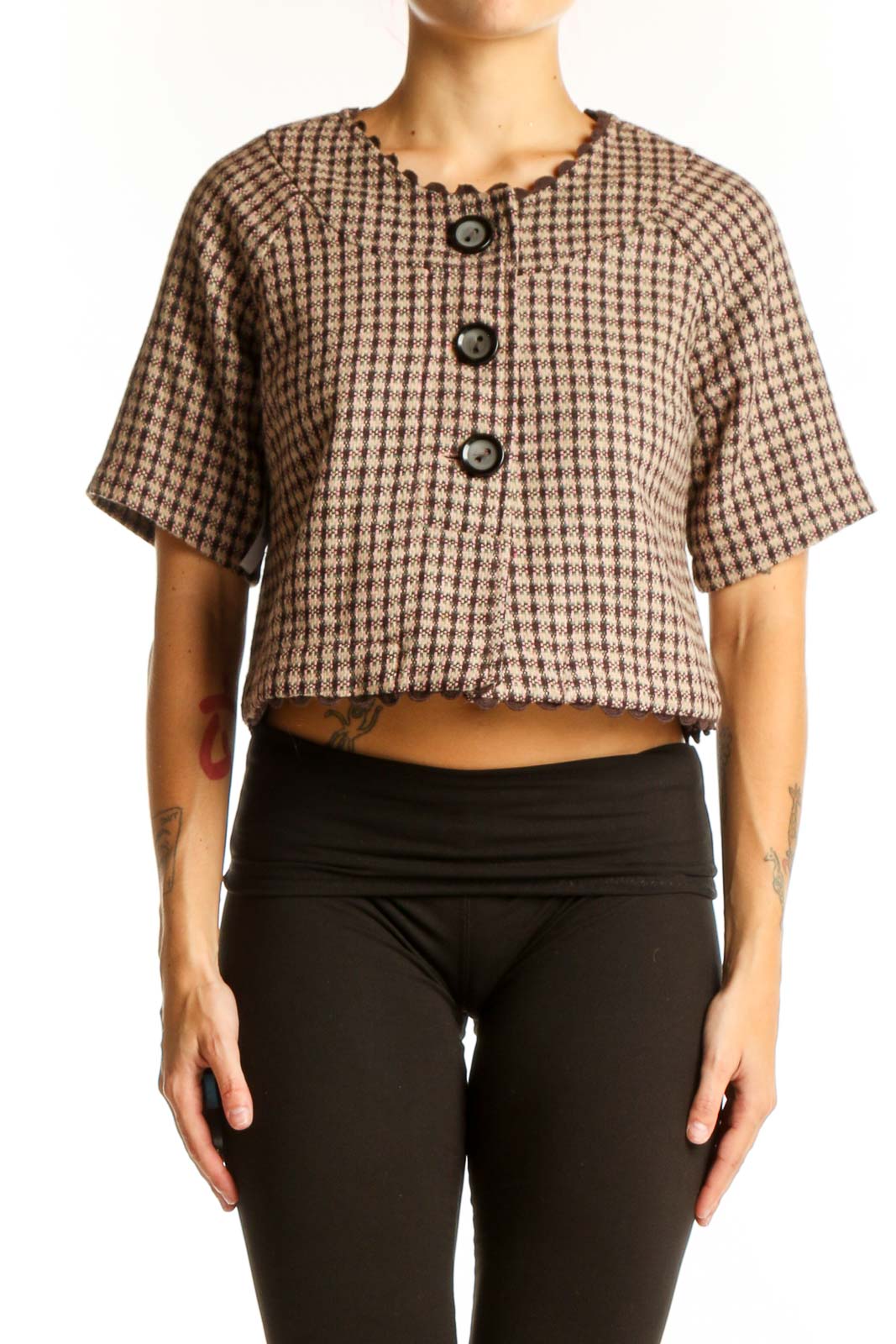 Brown Houndstooth Cropped Jacket Front