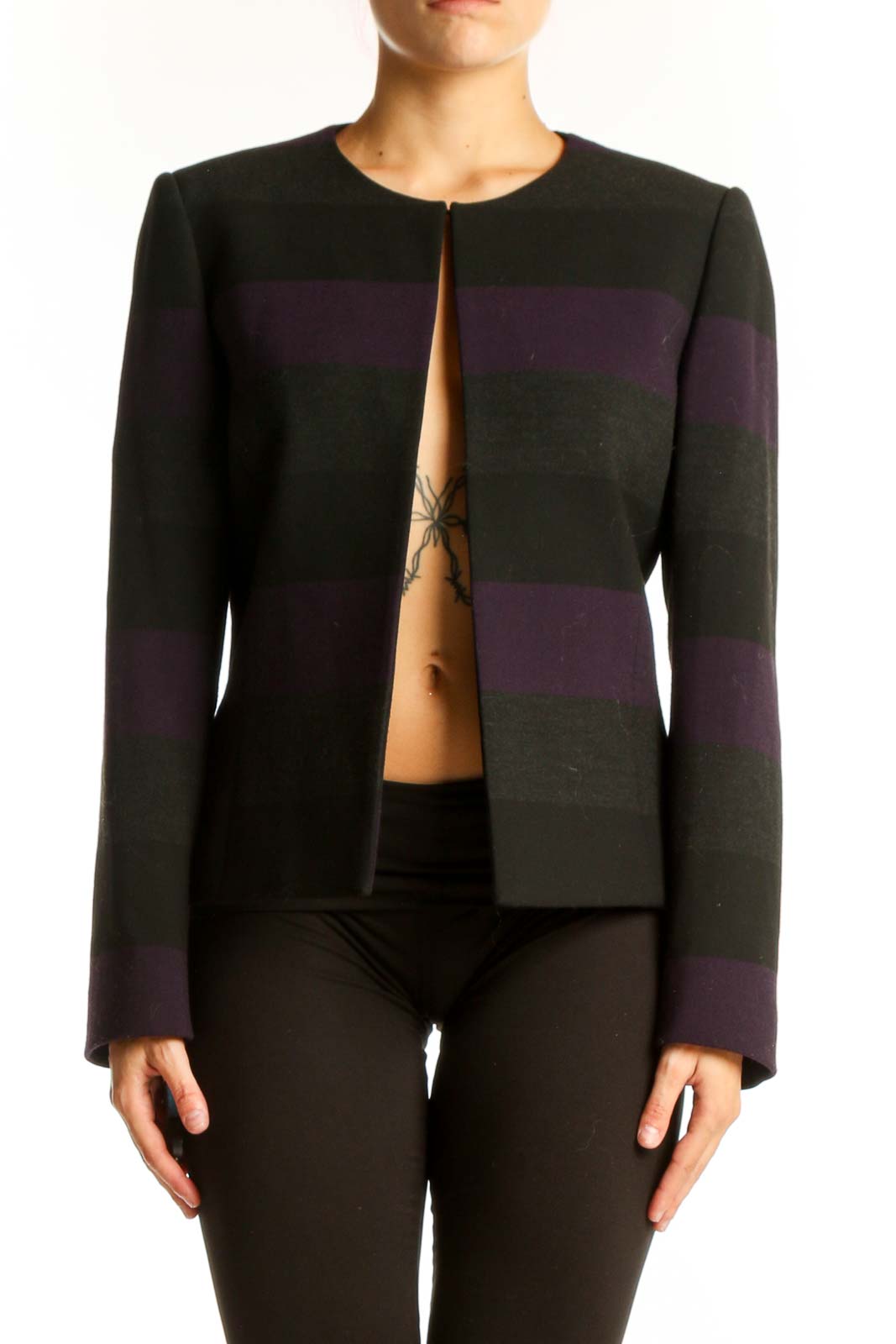 Black and Purple Striped Open-Front Jacket Front