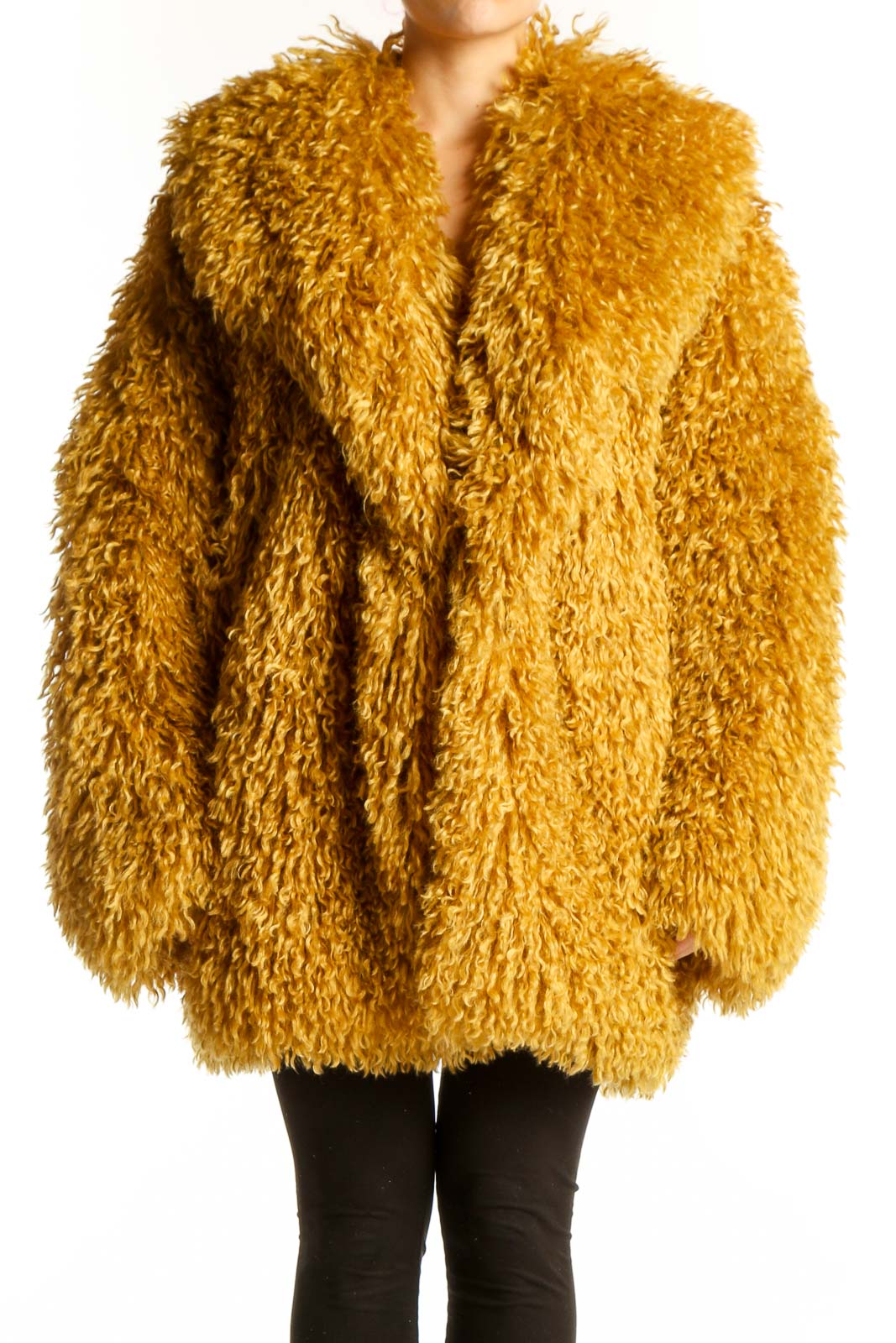 Golden Shaggy Oversized Faux Fur Jacket Front