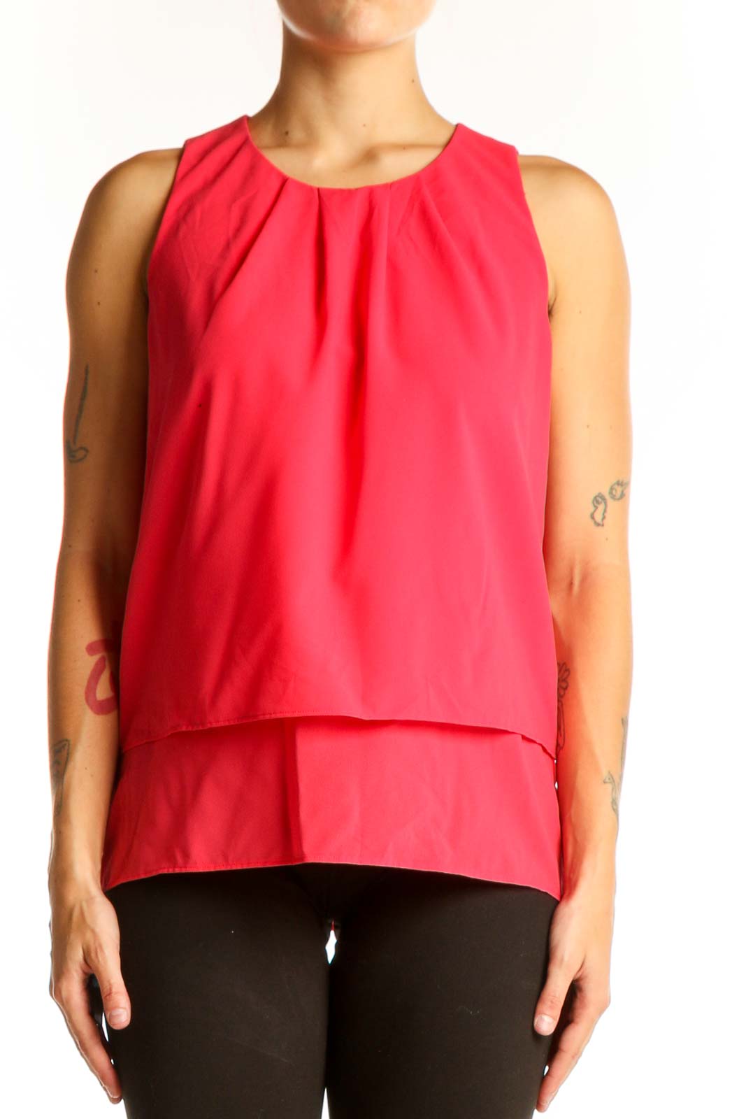 Red Sleeveless Layered Polyester Top Front